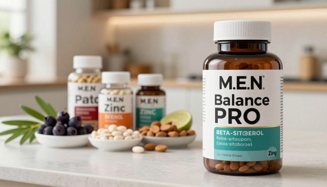 A close-up view showcasing the M.E.N Balance Pro supplement bottle prominently in the foreground, with sleek, professional packaging that highlights its triple-action formula for prostate support. In the middle ground, a well-organized display of vibrant health-related ingredients like saw palmetto, beta-sitosterol, and zinc, artistically arranged to emphasize natural wellness. The background features a serene, softly lit setting—a modern kitchen or wellness space with plants, suggesting a health-conscious lifestyle. Warm, inviting lighting enhances the atmosphere, creating a sense of trust and professionalism. Capture the essence of a superior health product while ensuring it aligns with masculine vitality and wellness promotion. No text or branding overlays. A close-up view showcasing the M.E.N Balance Pro supplement bottle prominently in the foreground, with sleek, professional packaging that highlights its triple-action formula for prostate support. In the middle ground, a well-organized display of vibrant health-related ingredients like saw palmetto, beta-sitosterol, and zinc, artistically arranged to emphasize natural wellness. The background features a serene, softly lit setting—a modern kitchen or wellness space with plants, suggesting a health-conscious lifestyle. Warm, inviting lighting enhances the atmosphere, creating a sense of trust and professionalism. Capture the essence of a superior health product while ensuring it aligns with masculine vitality and wellness promotion. No text or branding overlays.