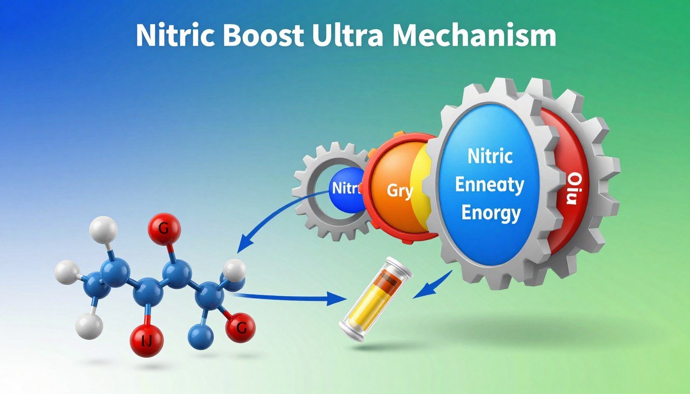A detailed schematic diagram of the "Nitric Boost Ultra Mechanism," showcasing its various components and processes. In the foreground, vibrant illustrations of molecules representing nitric oxide and energy boosters, interconnected by arrows illustrating their reaction pathways. The middle ground features gear-like structures symbolizing physiological processes, with color-coded sections indicating enhanced performance, energy, and stamina. The background is a gradient of blue and green, evoking a sense of vitality and dynamism. The lighting is bright and clinical, highlighting the technical details of the diagram, with a clean and polished look, simulating a scientific presentation. A sense of innovation and energy permeates the image, perfectly depicting the theme of enhancement and performance without any text or distractions.