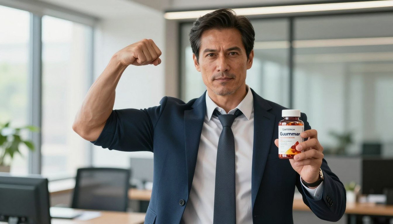 A fit, middle-aged man in professional business attire, standing confidently in a well-lit modern office environment. He is holding a bottle of Spartamax Gummies in one hand while flexing his other arm to showcase physical strength and vitality. His expression is focused and determined, embodying a sense of energy and resilience. In the background, there are subtle hints of greenery through large windows, reflecting health and a connection to nature. Soft, natural lighting enhances the atmosphere, creating a balanced and uplifting mood, while a shallow depth of field blurs the office furniture slightly, emphasizing the subject. The overall composition should inspire motivation and a fresh approach to male vitality.