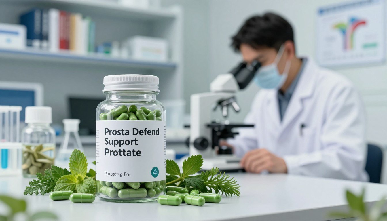 A modern laboratory setting focusing on prostate health science. In the foreground, a clear glass jar labeled "Prosta Defend Support Prostate" filled with vibrant green capsules, reflecting natural ingredients. Beside it, a variety of herbs and supplements, symbolizing holistic prostate health, artfully arranged. In the middle ground, a scientist in a white lab coat, focused and examining a microscope, symbolizing research and professionalism. The background features shelves filled with medical research books and charts related to prostate health. The lighting is bright and clinical, creating an atmosphere of trust and scientific rigor. A shallow depth of field highlights the foreground elements while softly blurring the background, emphasizing the importance of prostate health research. A modern laboratory setting focusing on prostate health science. In the foreground, a clear glass jar labeled "Prosta Defend Support Prostate" filled with vibrant green capsules, reflecting natural ingredients. Beside it, a variety of herbs and supplements, symbolizing holistic prostate health, artfully arranged. In the middle ground, a scientist in a white lab coat, focused and examining a microscope, symbolizing research and professionalism. The background features shelves filled with medical research books and charts related to prostate health. The lighting is bright and clinical, creating an atmosphere of trust and scientific rigor. A shallow depth of field highlights the foreground elements while softly blurring the background, emphasizing the importance of prostate health research.