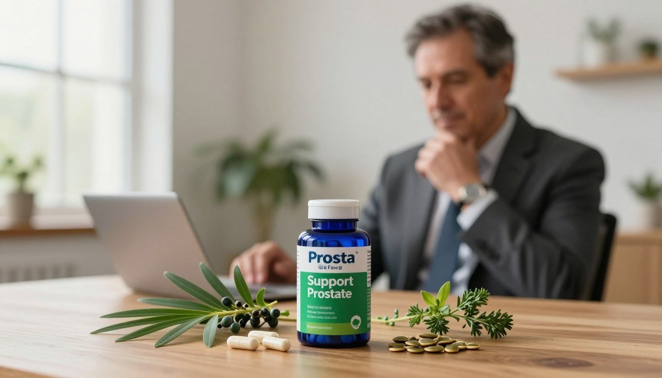 A neatly arranged tableau showcasing Prosta Defend Support Prostate capsules on a smooth wooden surface in the foreground, with a focus on the vibrant, well-designed bottle featuring a green and blue color scheme that suggests natural health. Surrounding the capsules are strategically placed herbs like saw palmetto and pumpkin seeds, symbolizing the natural ingredients of the formula. In the middle ground, a soft-focus image of a middle-aged professional man, dressed in smart business attire, engages with the product thoughtfully, conveying a sense of wellness and vitality. The background features a serene, softly-lit home office environment, with a window allowing warm natural light to filter in, creating an inviting and calming atmosphere. The overall mood evokes a sense of health, professionalism, and trust. A neatly arranged tableau showcasing Prosta Defend Support Prostate capsules on a smooth wooden surface in the foreground, with a focus on the vibrant, well-designed bottle featuring a green and blue color scheme that suggests natural health. Surrounding the capsules are strategically placed herbs like saw palmetto and pumpkin seeds, symbolizing the natural ingredients of the formula. In the middle ground, a soft-focus image of a middle-aged professional man, dressed in smart business attire, engages with the product thoughtfully, conveying a sense of wellness and vitality. The background features a serene, softly-lit home office environment, with a window allowing warm natural light to filter in, creating an inviting and calming atmosphere. The overall mood evokes a sense of health, professionalism, and trust.
