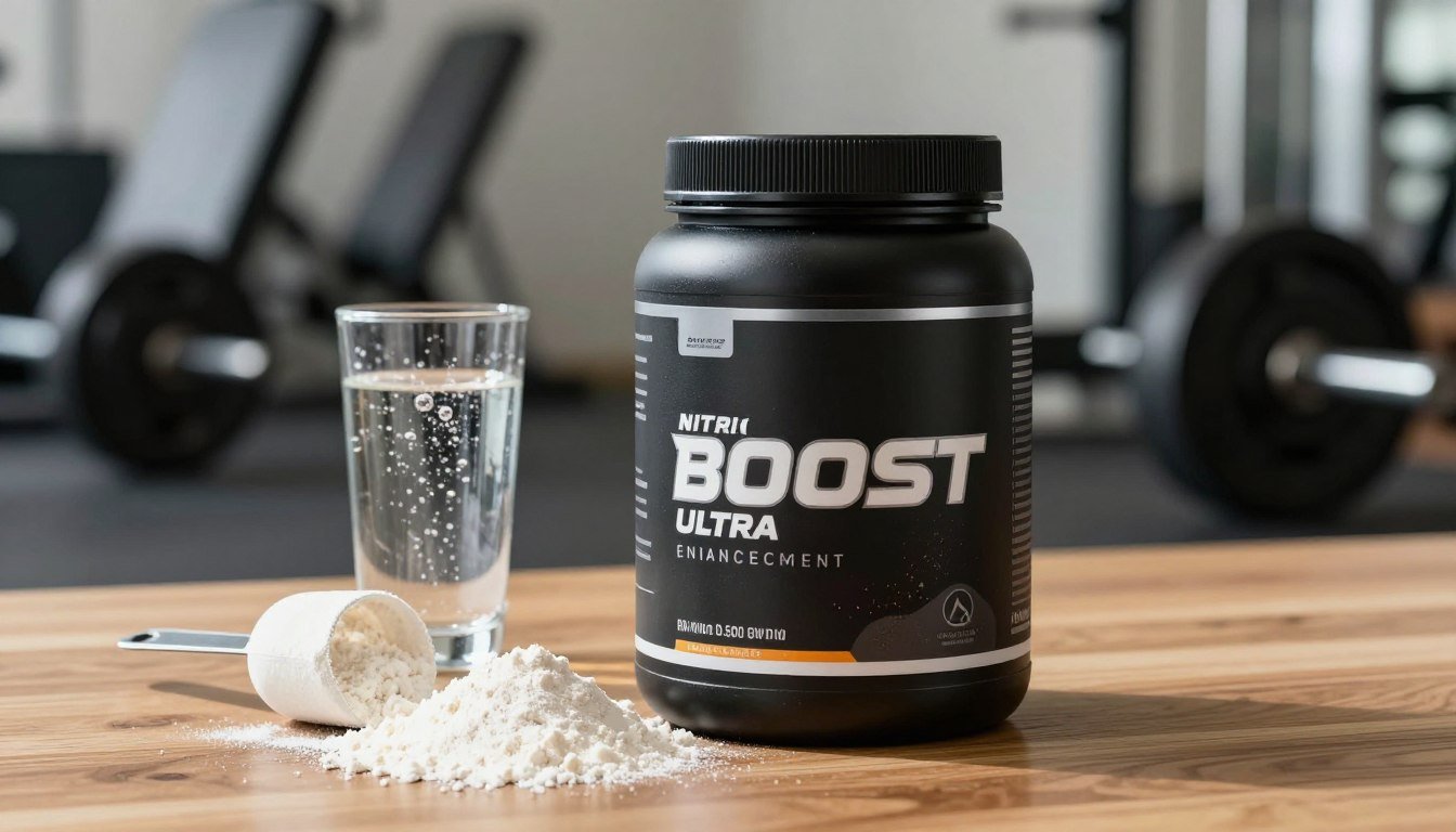 A vibrant, high-quality image of a sleek, modern container of Nitric Boost Ultra enhancement powder supplement placed on a clean, wooden surface. The container should be visually appealing, with a matte black finish and eye-catching branding that suggests energy and performance. In the foreground, there are a few scoops of the powder spilling out, showcasing its fine, white texture. The middle ground includes dynamic elements like a glass of water with bubbles, hinting at the mixing process. In the background, a blurred gym environment with weights and cardio equipment evokes an atmosphere of fitness and vitality. The lighting is bright and energetic, creating a sense of motivation and an active lifestyle, with soft shadows adding depth and dimension to the scene.