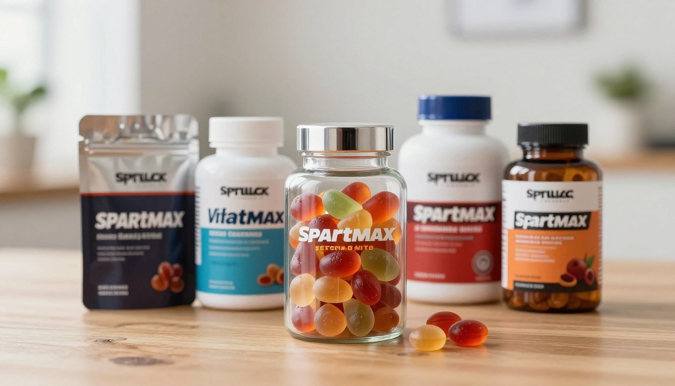 A visually striking comparison image featuring various male vitality supplements, including Spartamax gummies prominently displayed in the foreground. The gummies should be showcased in an elegant glass jar, capturing their vibrant colors and appealing textures. Surrounding the Spartamax jar, display several competing products with clear packaging to emphasize the differences in form and design. Use a clean, well-lit environment with soft natural lighting to create an inviting atmosphere. The background should be a blurred fitness-related setting, such as a gym or a home workout space, conveying health and vitality. Employ a slight overhead angle to capture all products neatly arranged on a wooden surface, ensuring the focus is on the supplements without any text or distractions.