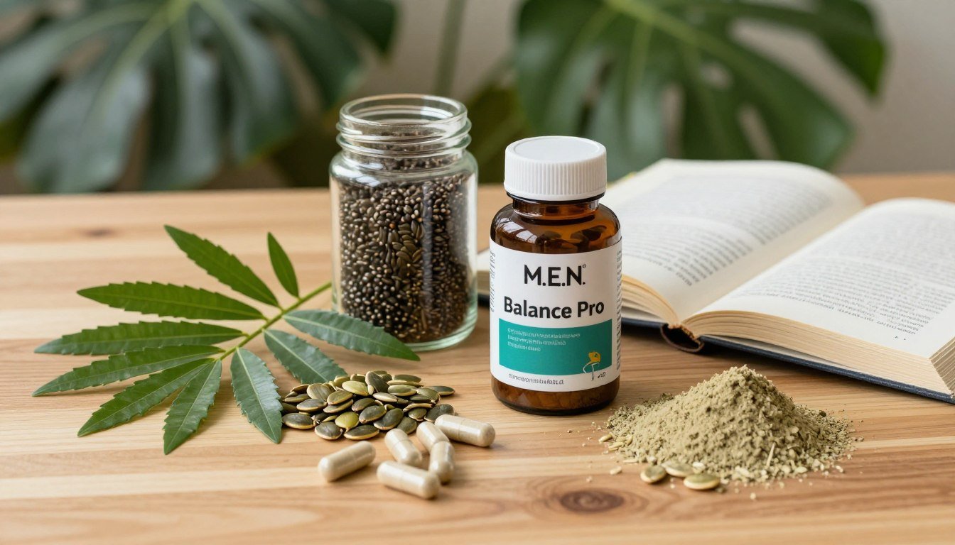 An arrangement of various natural ingredients prominently labeled as "M.E.N Balance Pro" on a sleek wooden table. In the foreground, focus on vibrant green herbs like saw palmetto and pumpkin seed, accompanied by capsules and powder forms. In the middle, display a glass jar containing dark, shiny seeds and an open book with notes on health benefits. The background should have blurred, lush greenery, creating a natural and holistic atmosphere. Utilize soft, warm lighting to enhance the inviting feel of a health-focused product. The camera angle should be slightly above eye level, inviting viewers into the scene with a balanced and harmonious composition that conveys the essence of prostate support. An arrangement of various natural ingredients prominently labeled as "M.E.N Balance Pro" on a sleek wooden table. In the foreground, focus on vibrant green herbs like saw palmetto and pumpkin seed, accompanied by capsules and powder forms. In the middle, display a glass jar containing dark, shiny seeds and an open book with notes on health benefits. The background should have blurred, lush greenery, creating a natural and holistic atmosphere. Utilize soft, warm lighting to enhance the inviting feel of a health-focused product. The camera angle should be slightly above eye level, inviting viewers into the scene with a balanced and harmonious composition that conveys the essence of prostate support.
