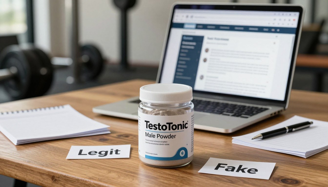 A comprehensive and visually appealing composition illustrating "TestoTonic Male Powder" as a subject of scrutiny. In the foreground, place a clear, labeled container of TestoTonic Male Powder, prominently featured on a wooden table, accompanied by contrasting labels marked "Legit" and "Fake". In the middle ground, an open laptop displays an engaging online review page, slightly tilted, hinting at user opinions, surrounded by scattered notes and a pen. The background features a blurred gym setting, with weights and fitness equipment, enhancing the theme. Use soft, natural lighting to create a warm, inviting atmosphere, with a slight focus on the product container, evoking a sense of inquiry and authenticity. The angle should be slightly elevated to encompass both the product and the context of research for buyers.