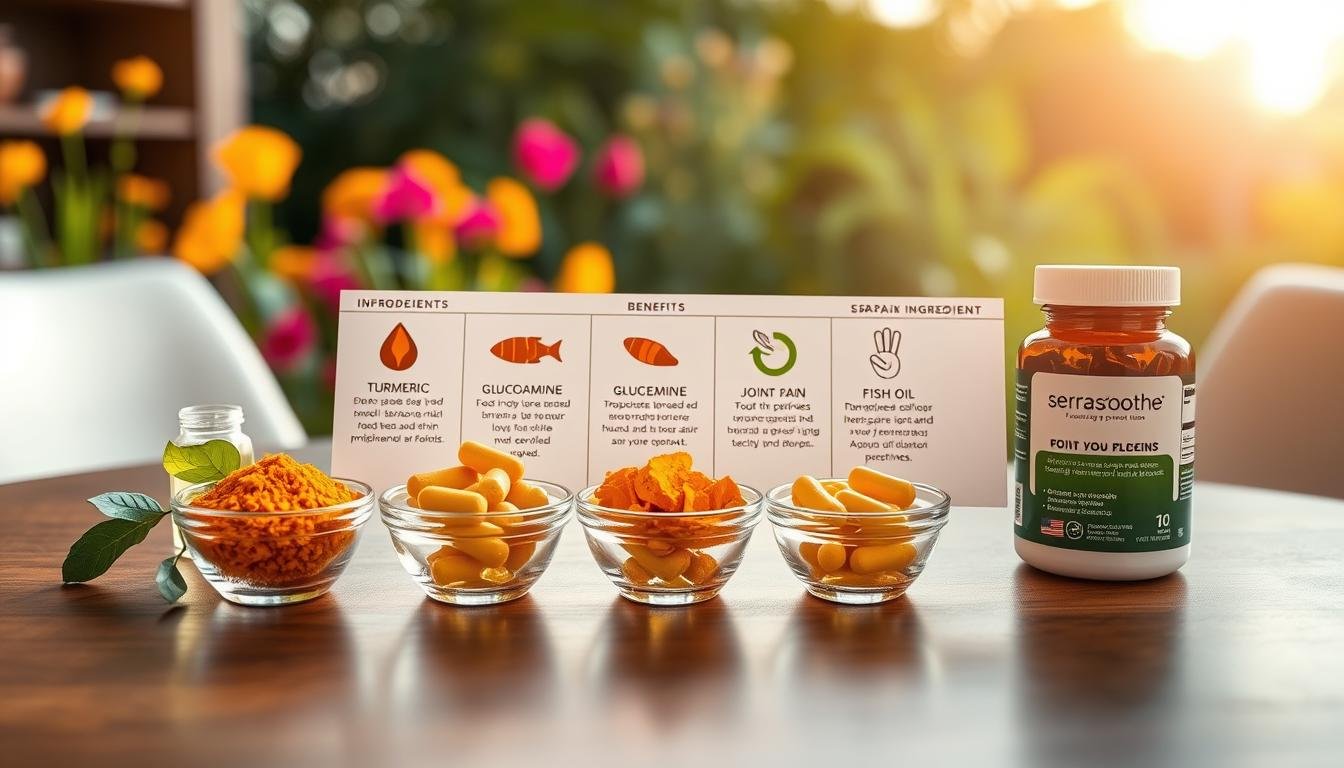 A detailed and visually engaging breakdown of the ingredients in the "Serrasoothe" joint pain relief supplement, presented on a sleek, wooden table. In the foreground, vibrant ingredients like turmeric, ginger, glucosamine, and fish oil capsules are elegantly arranged in small glass bowls, highlighting their texture and color. In the middle layer, informative infographics display the benefits of each ingredient with simple icons, all on a clean, white backdrop. The background features a soft-focus image of a serene, natural setting, suggesting health and wellness, like a sunlit garden. The lighting is warm and inviting, as if captured in the late afternoon sun, creating a calm and professional atmosphere. Ensure that the overall mood conveys trust and expertise, embodying the essence of "Serrasoothe reviews" without text or overlaid elements.
