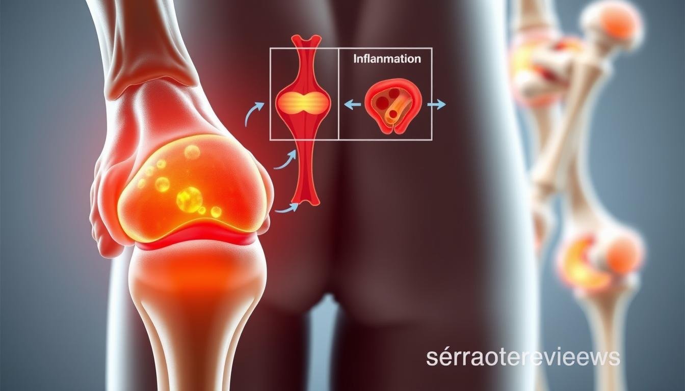 A detailed illustration of the joint inflammation development process, emphasizing the biological changes occurring in the body. In the foreground, a cross-section of a human joint shows swollen tissues and inflamed synovial membranes, with highlighted areas demonstrating increasing blood flow and immune cell activity. The middle layer features an anatomical diagram illustrating the connection between joints and surrounding muscles, with arrows indicating inflammation progression. In the background, a soft-focus representation of healthy joints contrasts with the inflamed sections. Bright, natural lighting accentuates the textures of the joint tissues, while a clinical, educational atmosphere is created by the use of a neutral color palette. The image should appear informative, inviting viewers to explore the complexities of joint health, with a subtle branding of "Serrasoothe reviews" incorporated discreetly in the design.