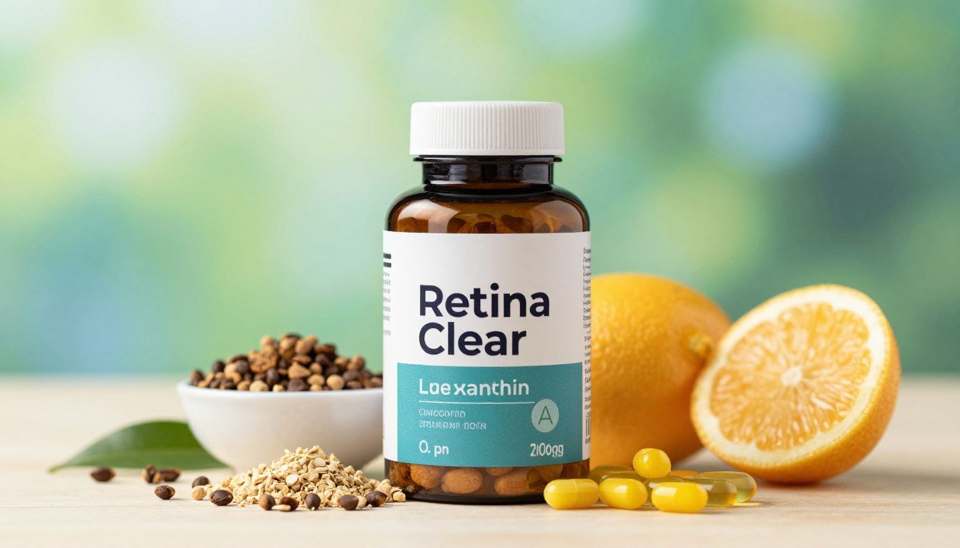 A detailed image of a "Retina Clear" eye health supplement bottle prominently featured in the foreground, showcasing its sleek design and vibrant label. Surrounding the bottle, an array of natural ingredients such as lutein, zeaxanthin, and vitamins A and C elegantly arranged, emphasizing their importance for eye health. The middle background features a softly blurred, soothing green and blue gradient that evokes a sense of clarity and calmness. Gentle, natural light illuminates the scene, creating a warm and inviting atmosphere. The focus is crisp on the bottle and ingredients, with a slight bokeh effect in the background, enhancing the overall aesthetic. The composition should convey a feeling of health and vitality, suitable for an informative article section.