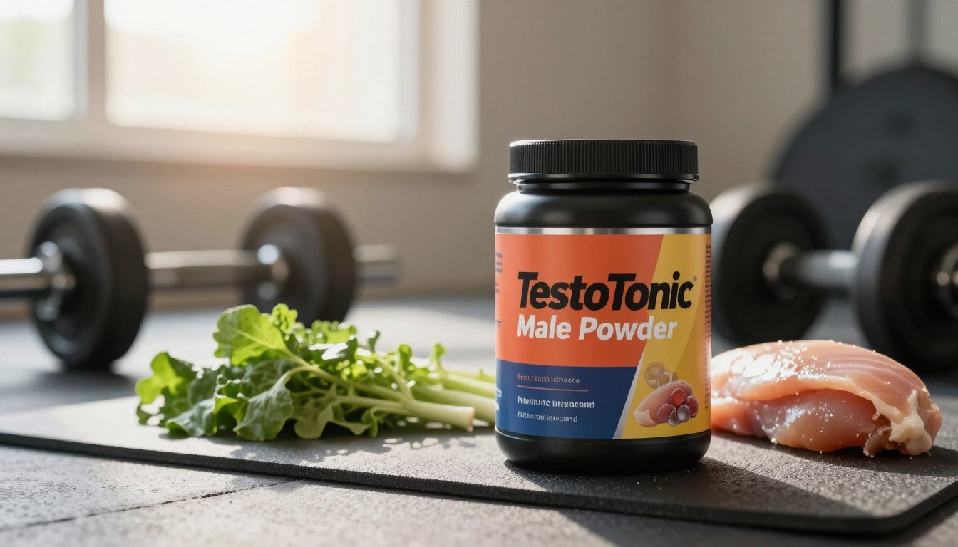 A dynamic and engaging still life composition showcasing "TestoTonic Male Powder" prominently placed in the foreground, with a sleek, modern container depicting a blend of vibrant colors representing energy and vitality. Surround the container with fresh ingredients such as green leafy vegetables, lean protein sources like chicken or fish, and a backdrop of a workout setting with dumbbells and a gym mat subtly blurred in the middle ground. In the background, soft morning light pours in through a window, creating a warm, inviting atmosphere. Use a shallow depth of field to focus on the product while the elements in the background softly fade, emphasizing the theme of male vitality, fitness, and health. The mood should be energetic, motivational, and health-focused, capturing the essence of a lifestyle supporting lean muscle and stamina.