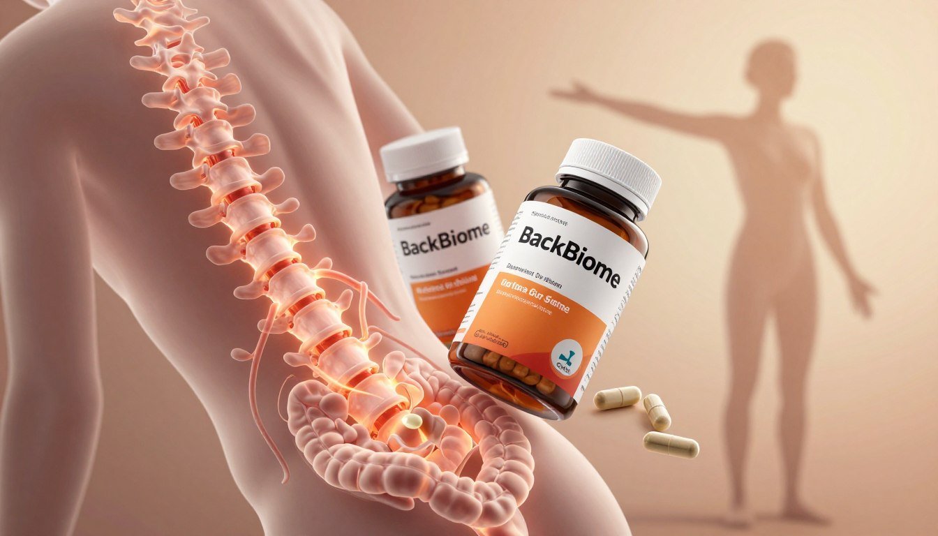 A dynamic illustration representing the "BackBiome" supplement's gut-spine connection. In the foreground, a translucent spine and digestive system depicted, highlighting the intricate relationship between gut health and back support. In the middle ground, a bottle of "BackBiome" positioned prominently, with capsules spilling out, emphasizing its role as a supplement. The background features an abstract, soft-focus representation of a human silhouette engaged in healthy postures, symbolizing vitality and pain relief. The lighting is warm and inviting, creating an uplifting atmosphere. The angle should be slightly tilted to give depth, enhancing the visual impact. The overall mood conveys hope and wellness, making it clear that "BackBiome" offers support beyond just back pain relief, focused on holistic health.