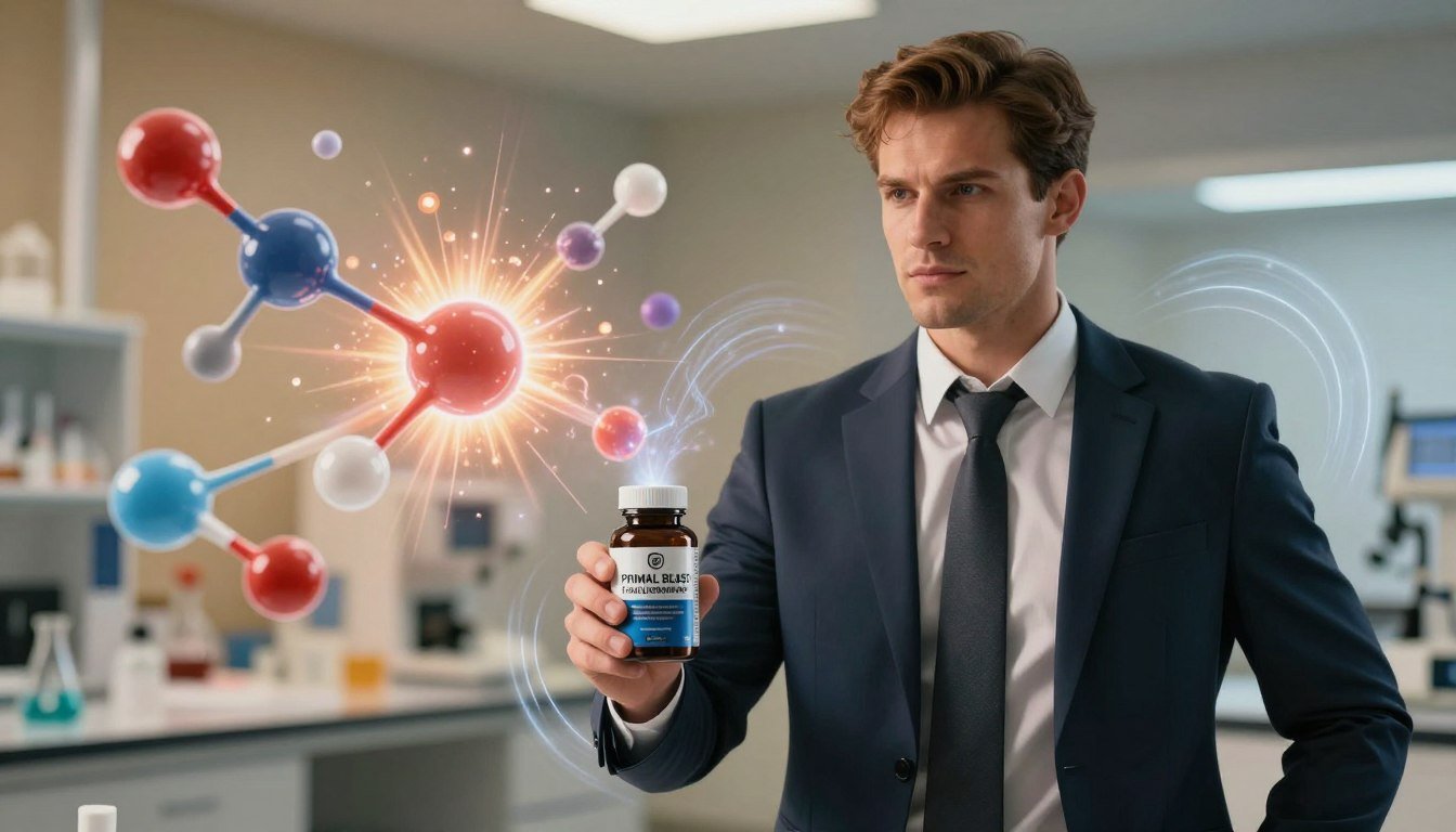 A dynamic visual representation of male vitality and hormone balance, featuring a healthy and energetic male figure in professional business attire, positioned in the foreground. He embodies confidence and strength, with subtle energy waves surrounding him, symbolizing vitality. In the middle ground, incorporate abstract representations of hormones, such as stylized molecules and energy bursts, illustrating the connection between hormones and reproductive health. The background should showcase a laboratory setting, softly lit with warm, inviting lighting, suggesting a scientific atmosphere. Use a shallow depth of field to focus on the male figure while creating a sense of depth with the background elements. The overall mood is empowering and invigorating, reflecting the essence of "Primal Blast: The Male Supplement" and its connection to enhanced energy and health.