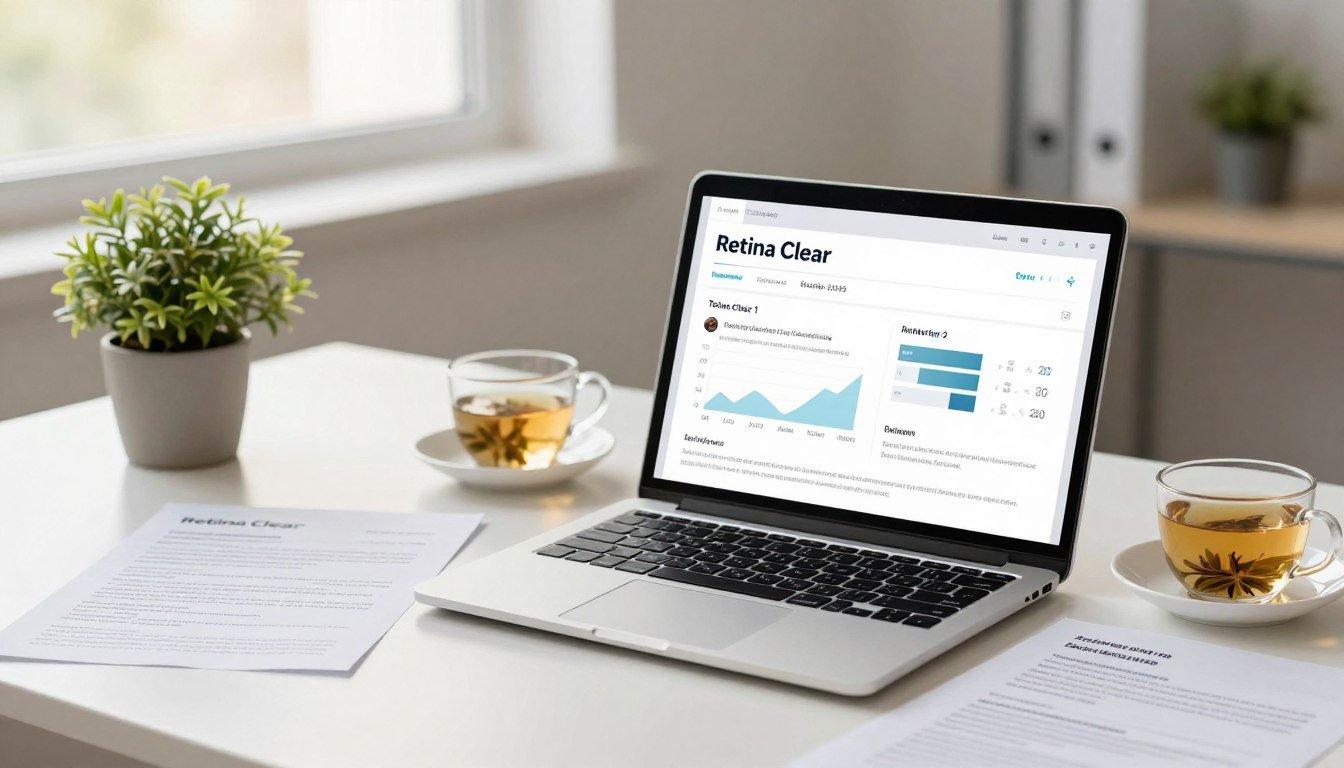 A professional and clean analysis scene focused on "Retina Clear" customer reviews. In the foreground, a sleek laptop displays graphs and charts depicting customer feedback about eye health. Surrounding the laptop, scattered reviews printed on paper, emphasizing key phrases about visual clarity and satisfaction. In the middle ground, a serene workspace, featuring a potted plant and a cup of herbal tea, suggesting a calm atmosphere conducive to analysis. The background should be a softly blurred office setting with natural light streaming through a window, creating a warm and inviting mood. Use a soft focus lens to add a touch of elegance, highlighting the importance of eye health and customer experiences with Retina Clear. The overall ambiance should convey a sense of professionalism and trust.