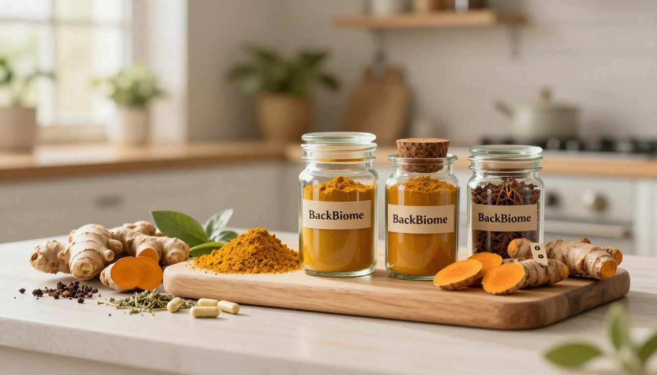 A serene and informative composition showcasing the ingredients of "BackBiome" for back pain relief. In the foreground, present elegant glass jars filled with vibrant herbal powders, like turmeric, ginger, and boswellia, neatly labeled with small tags. The middle ground features a cutting board adorned with fresh ginger roots, turmeric tubers, and dried herbs, beautifully arranged alongside supplements, conveying a natural and holistic approach. In the background, a softly blurred, sunlit kitchen setting with plants and wooden shelves creates a warm, inviting atmosphere. The overall mood should feel calming and professional, emphasizing the purity and efficacy of the ingredients. Use soft, warm lighting to highlight the textures and colors, and a slight depth of field to draw attention to the foreground elements.