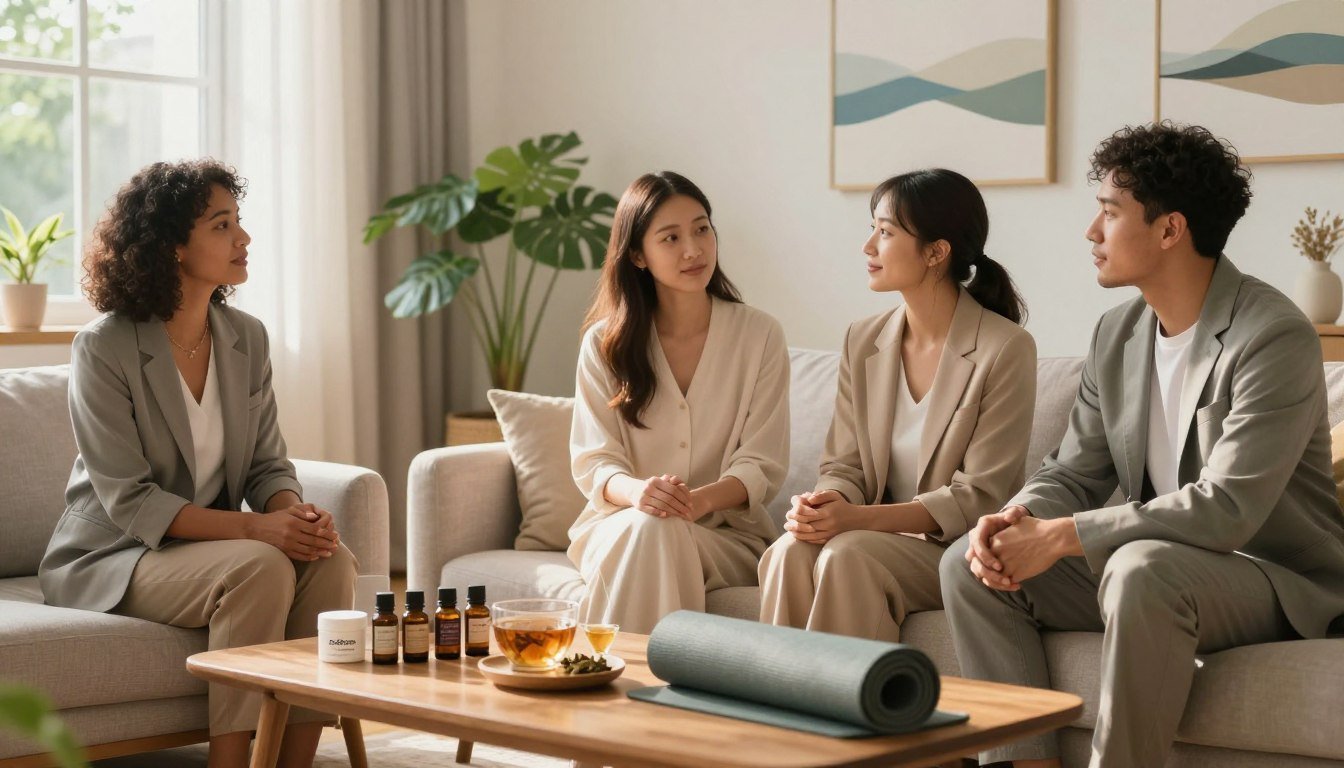 A serene home environment showcasing natural back pain solutions. In the foreground, a diverse group of three individuals—two women and one man—dressed in professional business attire, are engaged in a discussion while sitting comfortably on a soft, modern sofa. Their expressions reflect hope and curiosity. In the middle ground, various natural remedies are displayed on a wooden coffee table, including essential oils, herbal teas, and a yoga mat rolled up neatly. The background features a light-filled room with large windows, green plants, and calming artwork like landscapes or abstract nature themes, creating a peaceful atmosphere. The lighting is soft and warm, reminiscent of morning sunlight, enhancing the mood of tranquility and wellness. A subtle hint of the brand "BackBiome" is integrated thoughtfully into the decor, perhaps on a stylish product display in the corner.