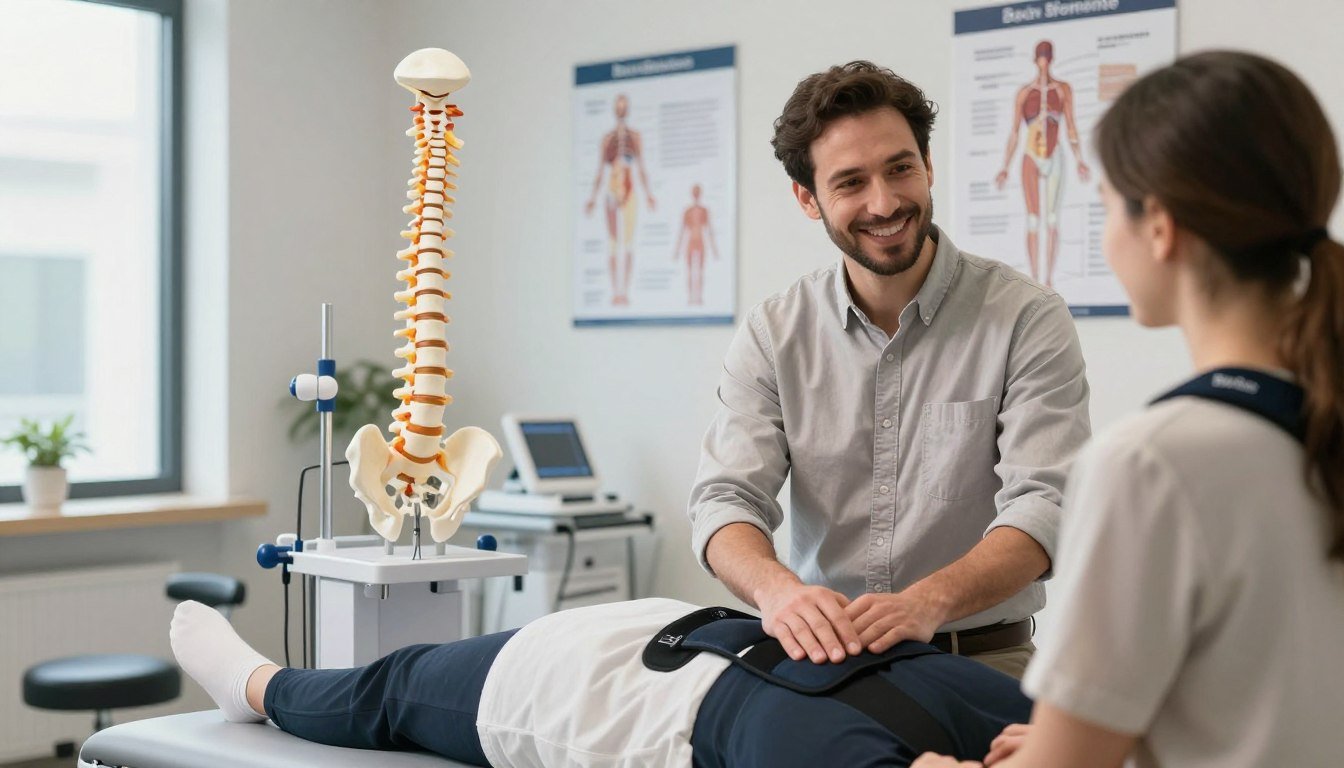 A serene, modern clinic environment focused on spinal health science, showcasing a professional, well-lit consultation room. In the foreground, a smiling healthcare practitioner in modest business attire is demonstrating the innovative BackBiome support technology to a patient, portraying a sense of trust and expertise. The middle ground features anatomical models of the spine and posters illustrating spine mechanics and health. The background includes sleek medical equipment and soft ambient lighting, creating a calm atmosphere. A window allows natural light to filter in, enhancing the mood of reassurance and hope for patients seeking relief from back pain. The scene conveys a high-tech yet compassionate approach to spinal health, emphasizing the role of BackBiome in pain reduction and support.