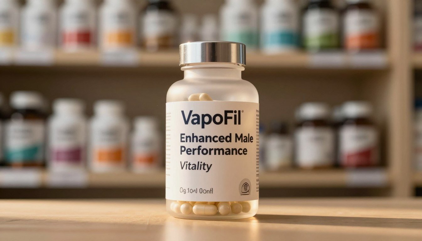 A sleek bottle of VapoFil supplement capsules prominently displayed in the foreground, glowing softly under warm, inviting lighting. The bottle is made of frosted glass, featuring a clean design with a metallic cap and a label emphasizing "Enhanced Male Performance" and "Vitality." Behind the bottle, a blurred shelf lined with health products creates a professional atmosphere, hinting at a wellness environment. The background should feature soft, natural colors to evoke a sense of vitality and health. Ensure the scene is shot from a slight low angle to highlight the bottle, with a shallow depth of field to draw focus to it. The overall mood should be uplifting and encouraging, encapsulating the essence of vitality and well-being.