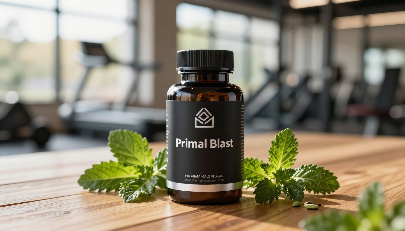 A sleek, premium bottle labeled "Primal Blast" prominently displayed in the foreground, showcasing a modern design with a matte black texture and metallic accents. Surround the bottle with natural elements like green leaves and vibrant herbs, symbolizing vitality and health. In the middle ground, a softly blurred wooden table enhances the organic feel. In the background, a softly lit gym environment with sunlight streaming through large windows casts warm glows, creating an inviting atmosphere. The scene conveys a sense of energy and wellness, perfect for a premium male vitality supplement. The lighting is bright yet soft, with a focus on natural tones, emphasizing the product's quality and appeal.