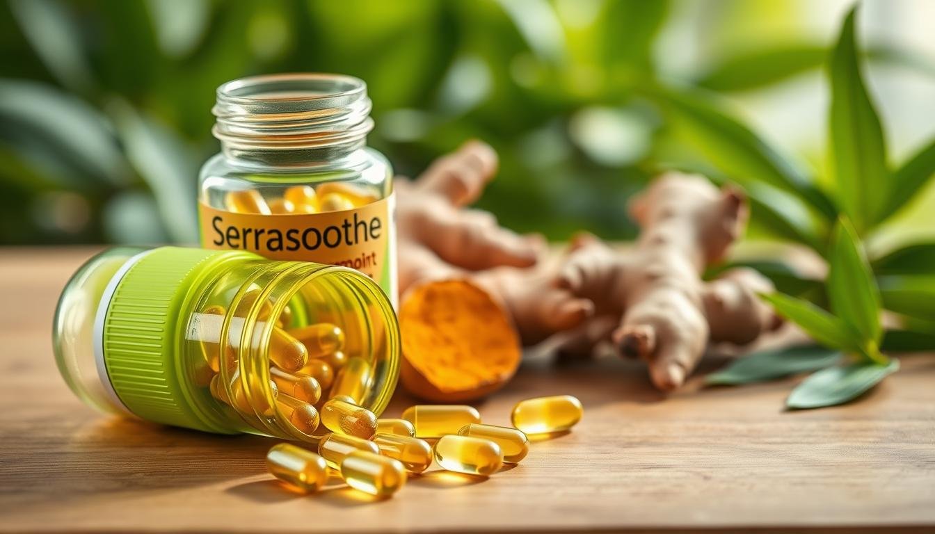 A stylish display of Serrasoothe FE-CB joint support capsules, elegantly arranged on a natural wooden surface to emphasize their organic nature. In the foreground, the capsules are showcased in a clear glass bottle with a bright green lid, partially open to reveal a few capsules spilling gently onto the surface. Around them, an assortment of key natural ingredients—such as turmeric root, ginger, and green tea leaves—adds texture and color. The background features a soft-focused greenery, symbolizing holistic health and wellness, with gentle natural light illuminating the scene. Capture the essence of vitality and serenity, while ensuring the overall composition feels inviting and informative. The mood is calm and reassuring, aligning with the themes of relief and natural support found in Serrasoothe reviews.