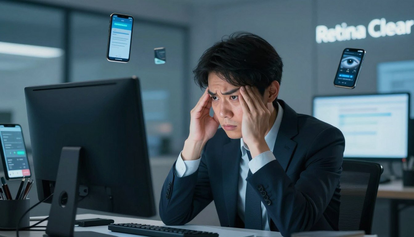 A visually compelling illustration depicting the concept of digital eye strain and modern eye health challenges. In the foreground, a person in professional business attire is sitting at a desk, staring intensely at a computer screen, with visible signs of eye strain, such as tired eyes and a furrowed brow. In the middle ground, faint representations of digital devices like smartphones, tablets, and laptops surround the figure, highlighting the prevalence of screen time in daily life. The background is softly blurred, suggesting a chaotic urban environment, with buildings and bright screens that contribute to the overwhelming sensory input. The lighting is cool and clinical, focused on the character, emphasizing the seriousness of eye health. A subtle representation of the brand "Retina Clear" can be integrated into the scene, symbolizing hope and solutions for eye wellness. The mood conveys urgency and awareness about modern eye health.