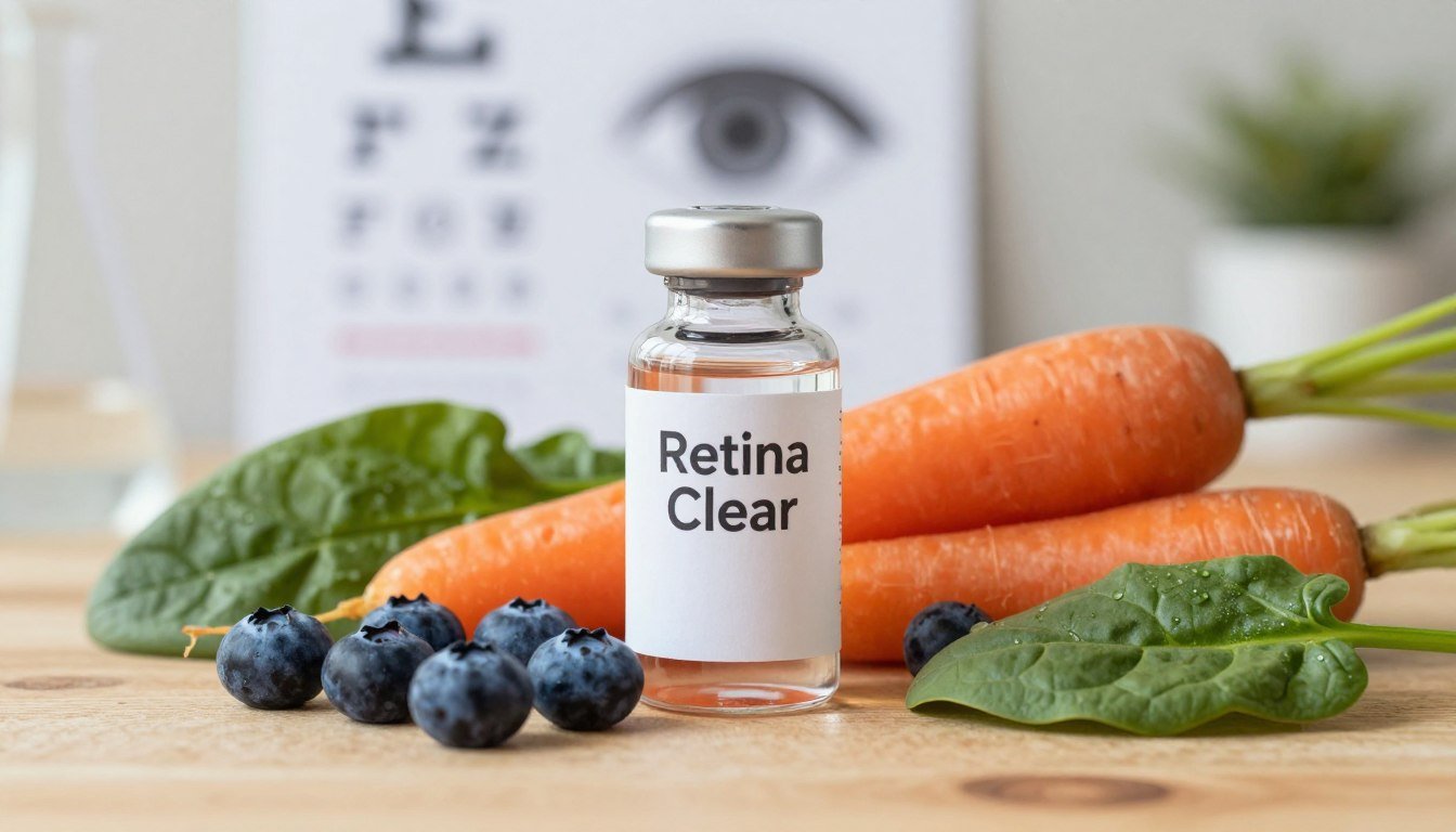 A visually striking arrangement showcasing the key ingredients of "Retina Clear" for optimal vision clarity. In the foreground, display vibrant, fresh ingredients such as blueberries, carrots, and spinach, artfully positioned on a wooden table. In the middle ground, a sleek glass vial labeled "Retina Clear" glistens under soft, natural lighting, emphasizing a sense of health and vitality. In the background, a softly blurred image of an eye chart symbolizes clarity of vision, subtly incorporating a warm, inviting color palette that evokes trust and professionalism. The overall mood is one of health and natural vitality, captured in a crisp, well-lit setting to enhance the scientific appeal of the ingredients.
