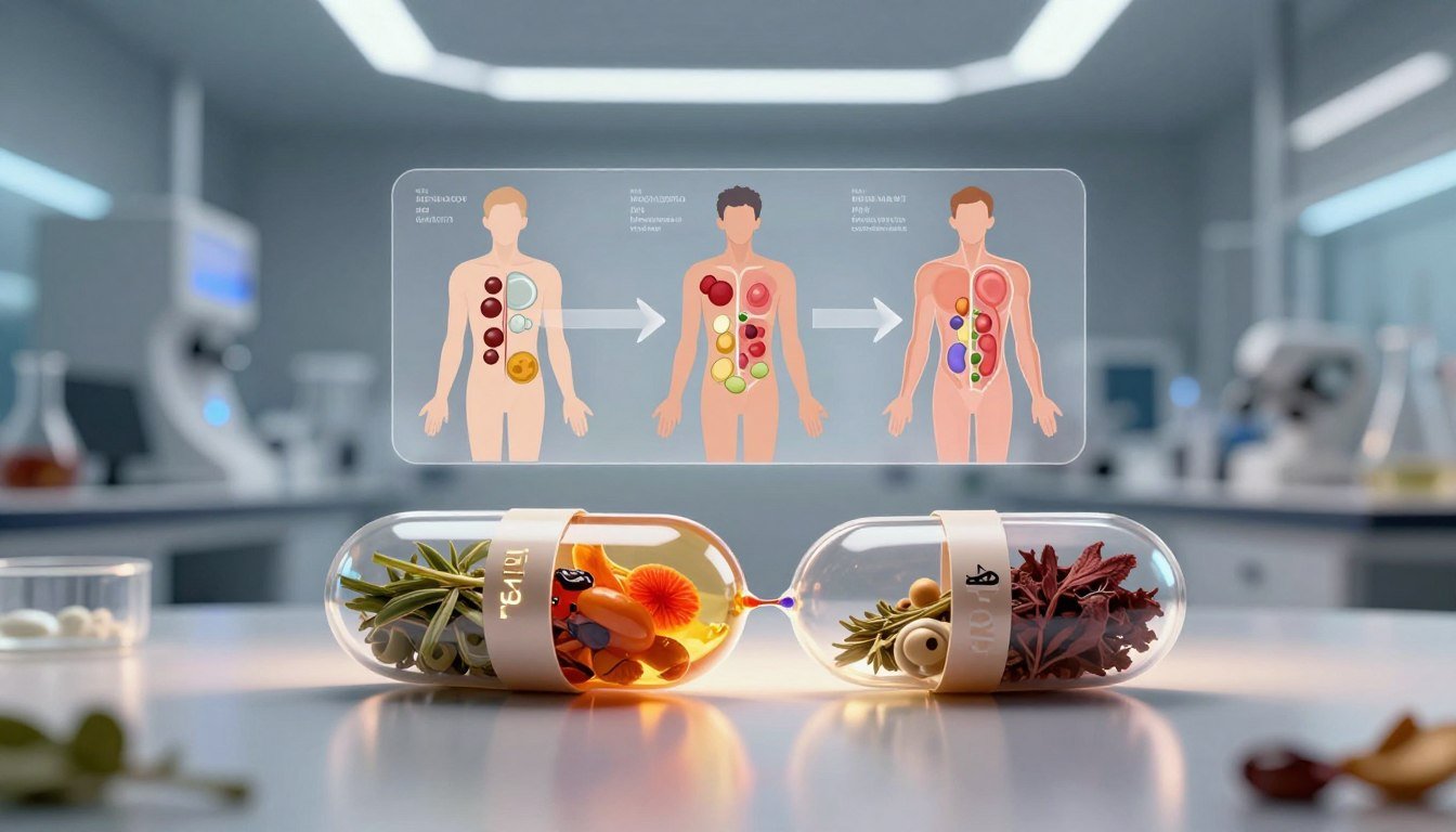 A visually striking illustration of the inner workings of a VapoFil capsule, set in a sleek, modern laboratory. In the foreground, a clear capsule is split open, revealing vibrant, biologically inspired components and herbal extracts. In the middle ground, a translucent diagram overlay displays the absorption process, highlighting how these ingredients interact with the body to enhance male performance and vitality. The background features high-tech lab equipment, softly illuminated by overhead lights, casting gentle reflections. The mood is scientific yet inviting, emphasizing innovation and health. Use a wide-angle lens to capture the details, and ensure the lighting gives a warm, inviting feel without harsh shadows.
