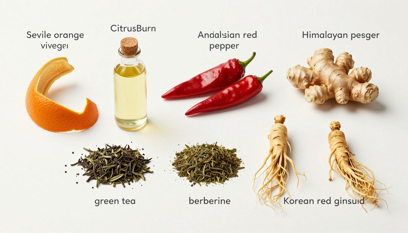 Visual display of all seven CitrusBurn ingredients with their botanical sources Visual display of all seven CitrusBurn ingredients with their botanical sources