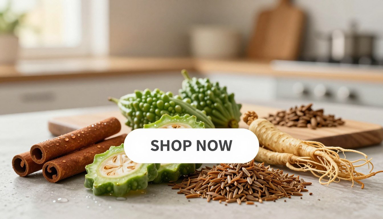 A beautifully arranged display of ZenSulin synergistic herbal blend ingredients, showcasing an array of vibrant botanicals including cinnamon sticks, bitter melon slices, fenugreek seeds, and ginseng roots. In the foreground, focus on the rich textures and colors of these ingredients, with droplets of water accentuating their freshness. The middle ground features a soft, blurred wooden cutting board to complement the natural theme. In the background, a warm, inviting kitchen setting with soft afternoon light filtering in through a window enhances the peaceful atmosphere. The overall mood is tranquil and harmonious, evoking a sense of well-being. Clearly visible, a large "SHOP NOW" button overlay encouraging engagement, with the brand name "ZenSulin blood sugar" subtly integrated into the design, blending seamlessly with the image's aesthetics.