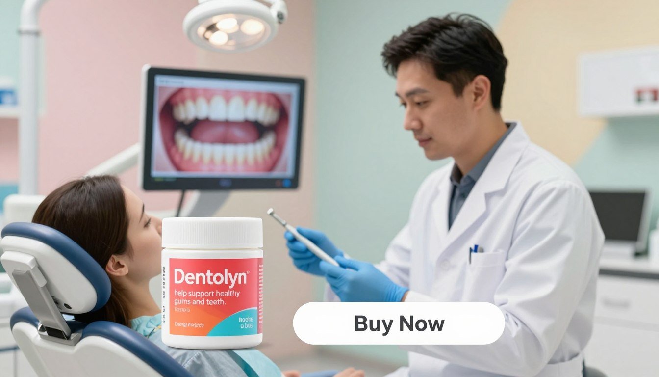 A bright, inviting dental clinic scene focused on a modern dental care product called "Dentolyn help support healthy gums and teeth." In the foreground, a sleek, stylish container of Dentolyn prominently displayed, showcasing its vibrant packaging and clearly visible brand name. In the middle ground, a dentist in a professional white coat examines a patient's teeth with a digital screen in the background displaying healthy gum and tooth infographics. The background features calming pastel-colored walls and dental equipment, creating a peaceful atmosphere. Soft, natural lighting enhances the scene, highlighting the clarity and freshness of the product. The focus is on dental wellness, emphasizing oral health benefits. A clear and visible "Buy Now" CTA button overlay should be included in the composition.