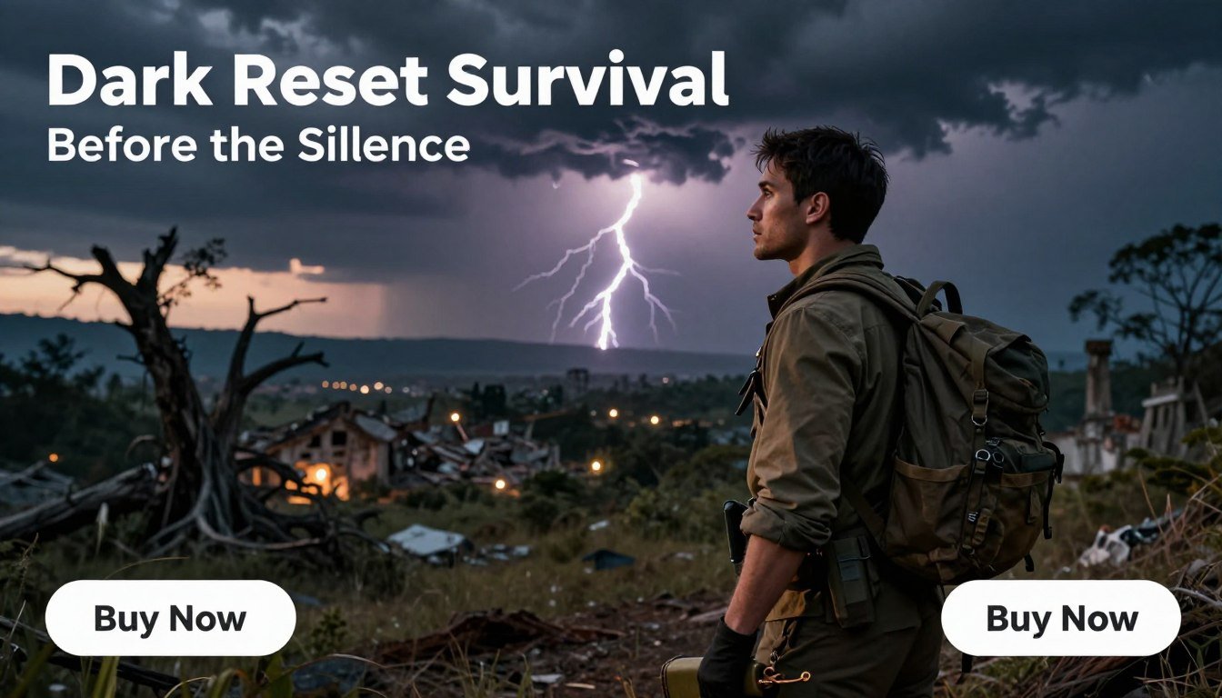 A captivating scene depicting the concept of "Dark Reset Survival Before the Silence". In the foreground, a rugged landscape bathed in twilight, with a determined survivor clad in practical survival gear, looking towards a distant, encroaching darkness. The survivor's expression conveys focus and resilience, holding a survival kit in one hand. In the middle ground, twisted trees and remnants of a collapsed civilization hint at past chaos, while flickering lights from hidden sources suggest hidden hope. The background features a stormy, ominous sky with swirling clouds, illuminated by sharp flashes of lightning. The overall mood is tense yet hopeful, conveying urgency and preparation. Lighting highlights the survivor's face and enhances the dramatic atmosphere. Incorporate a clear, visible “Buy Now” CTA button overlay in the bottom corner. Include the brand name "Dark Reset Survival" subtly within the scene without text clutter.
