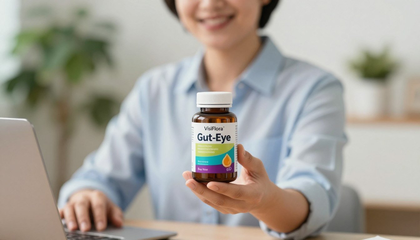 A clean, well-lit product image of a person in professional attire gently holding a bottle of VisiFlora, showcasing the "Gut-Eye" label prominently. The foreground features the bottle, detailed with vibrant colors and a sleek design. The middle ground includes the person, smiling and engaged, adding a warm, relatable touch. In the background, a serene setting with soft, natural lighting suggests a healthy lifestyle, perhaps a blurred garden or home office space. The atmosphere is inviting and trustworthy, emphasizing wellness and clarity. A "Buy Now" button should be subtly visible but non-intrusive, enhancing the focus on the product and the brand's identity without any text overlays or distractions.