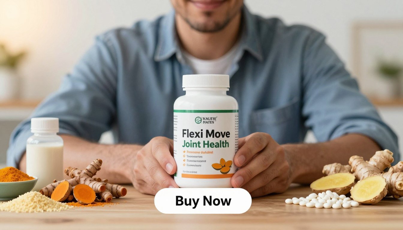 A close-up image featuring a man in a casual yet professional outfit, holding a container of "Flexi Move Joint Health" in the foreground. The man is smiling confidently, showcasing the product to emphasize its appeal. Surrounding him are colorful and vibrant ingredients representing the formula, such as turmeric, ginger, and glucosamine, artistically arranged on a wooden surface. In the background, a soft focus creates an inviting atmosphere with warm lighting that highlights the individual ingredients’ textures and colors. The lower section includes a visually appealing "Buy Now" button, designed to blend seamlessly into the image. The overall mood is energetic and positive, suggesting effectiveness and vitality.