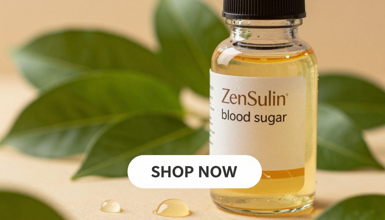 A close-up visualization of liquid glucose in an elegant glass bottle, showcasing its smooth, viscous texture, placed prominently in the foreground. The bottle is labeled with the brand name "ZenSulin blood sugar" in a refined font. Surrounding the bottle, droplets of liquid glucose glisten under soft, warm lighting, highlighting its bioavailability. In the middle ground, a backdrop of blurred, vibrant green leaves represents natural ingredients, enhancing a sense of health and vitality. The scene is viewed from a slightly elevated angle, creating depth and focus on the product. The mood is uplifting and energizing, ideal for conveying an effective health support formula. Ensure there is a big, clear "SHOP NOW" button overlay on the image, emphasizing the call to action.