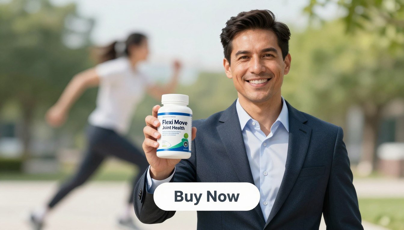 A confident man in a professional business outfit, standing against a soft-focus, serene outdoor background that suggests vitality and mobility. He is holding a canister labeled "Flexi Move Joint Health," showcasing its eye-catching packaging design, while smiling warmly at the viewer. In the foreground, there is a subtle "Buy Now" button that complements the overall design without being intrusive. The lighting is bright and natural, evoking a sense of positivity and health. The atmosphere conveys a feeling of hope and encouragement, emphasizing joint comfort and mobility. The image composition is dynamic, shot from a slightly low angle to give a sense of empowerment and approachability, while details such as green foliage hint at an active lifestyle.