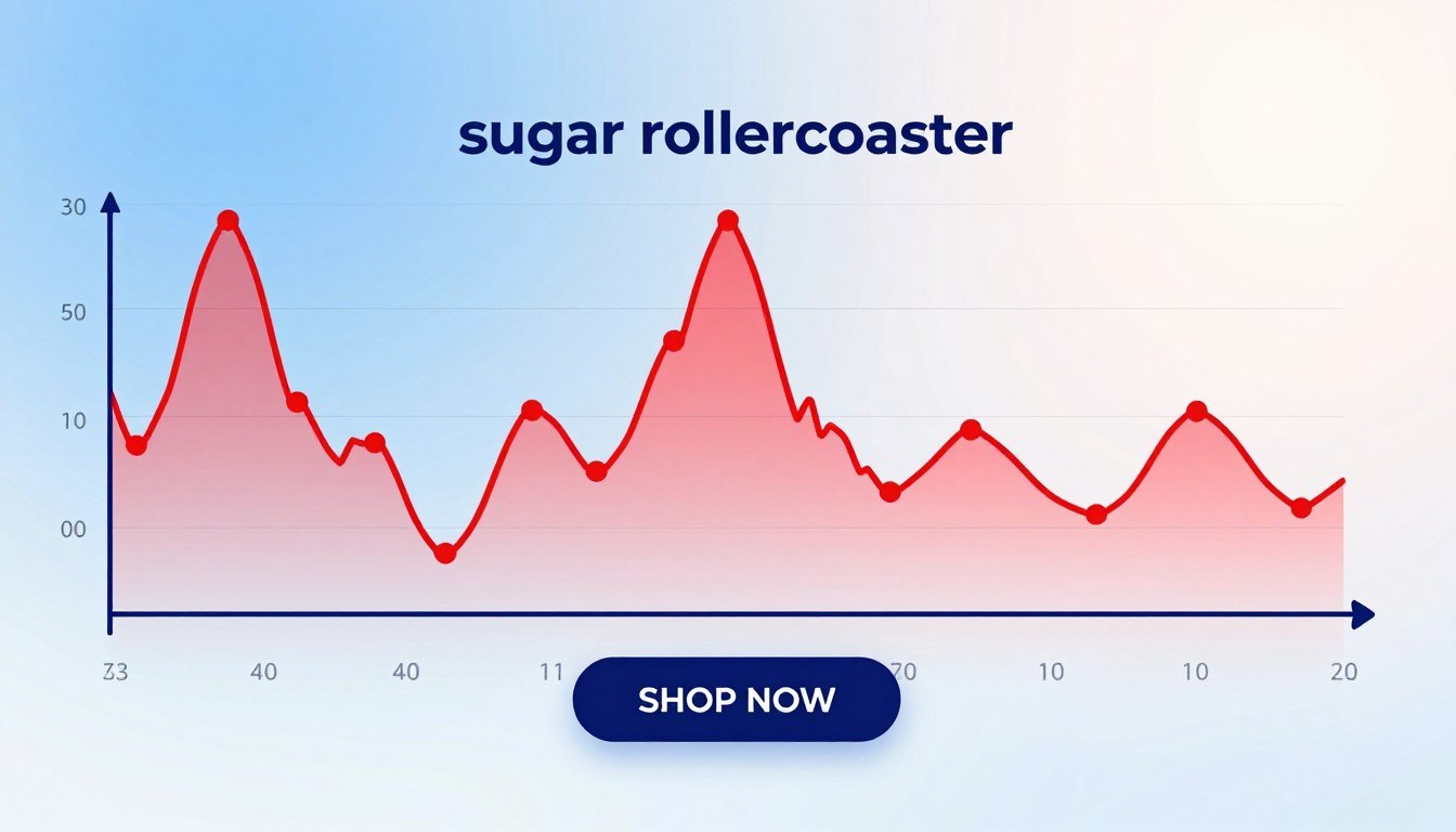 A detailed blood sugar variability graph illustrating fluctuations in glucose levels over time, showcasing peaks and valleys to represent the "sugar rollercoaster" experience. The foreground features a sleek, modern chart with vibrant colors, highlighting high and low points with markers. In the middle, a subtle gradient background transitions from cool blue tones at stable moments to warm reds during spikes, emphasizing energy dynamics. Include visual elements like arrows or icons symbolizing the journey towards stability. The overall atmosphere conveys clarity and inspiration, aiming to motivate viewers. Light should be bright and uplifting, creating an optimistic mood. Add a prominent "SHOP NOW" button overlay accentuating the ZenSulin blood sugar brand to encourage action without text distractions.