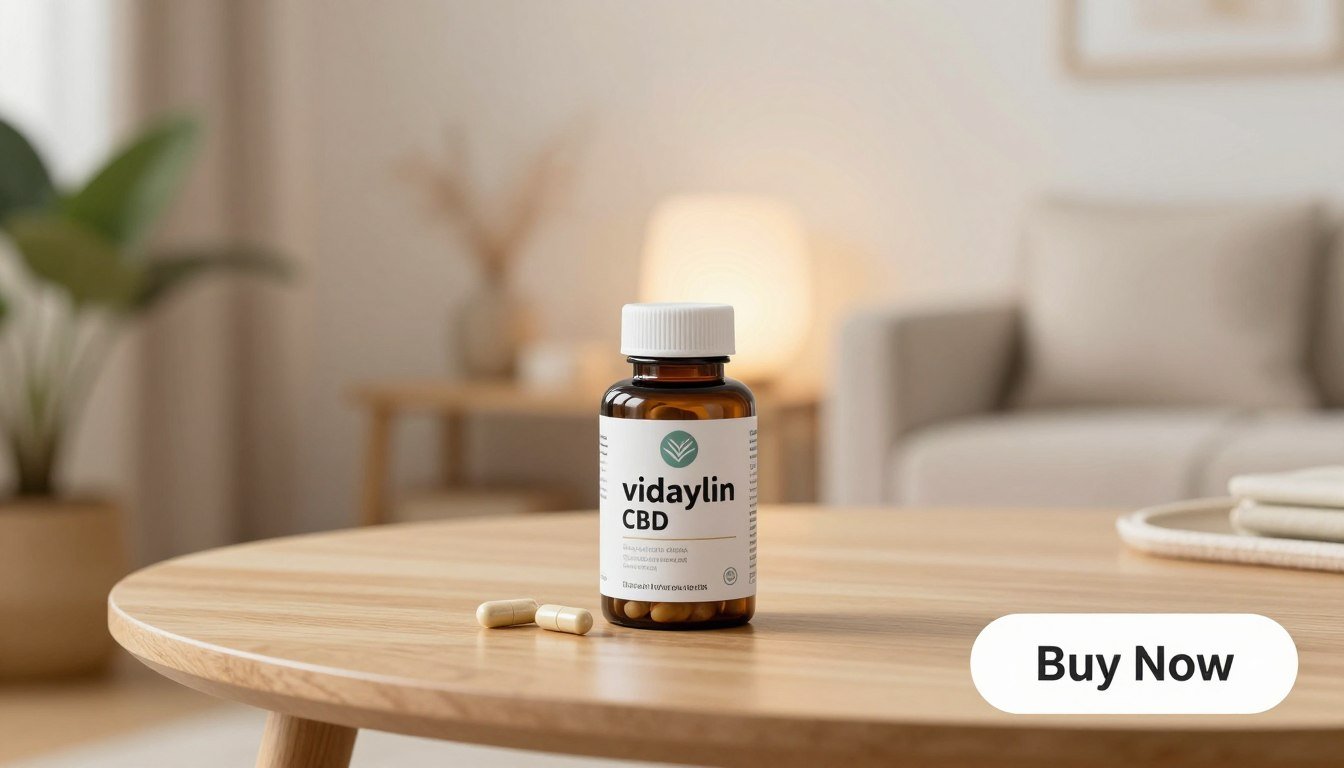A dynamic overview of Vidaylin CBD Capsules prominently displayed on a clean, minimalist wooden table in a well-lit, cozy setting. In the foreground, a sleek bottle of Vidaylin CBD Capsules stands upright, with a few capsules scattered next to it. The middle ground features a subtle backdrop of soft, warm lighting that suggests relaxation, complemented by a gently blurred plant or herbal elements, suggesting natural ingredients. The background includes decorative soft-focus visuals of a peaceful living space, hinting at stress relief and comfort. Ensure the scene conveys a mood of tranquility and wellness. Framed in the bottom right corner, include a clear, visible "Buy Now" CTA button overlay, emphasizing the product's accessibility.