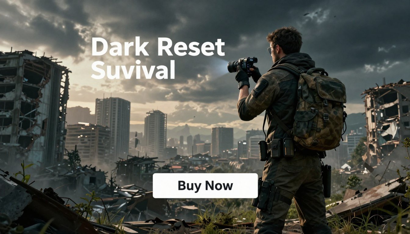 A futuristic and dystopian scene representing the "Dark Reset Survival System." In the foreground, a rugged survivalist wearing functional gear stands confidently, scanning the horizon with a high-tech device in hand. In the middle ground, a partially destroyed urban landscape reveals remnants of a once-thriving city, shrouded in an ominous twilight glow. Ruined buildings and overgrown vegetation communicate the theme of survival in a forsaken world. The background features stormy skies with dramatic clouds, hinting at an approaching setback. Soft, dynamic lighting highlights the figure and emphasizes the tension in the environment. The overall mood is suspenseful and intense, encapsulating the essence of preparing for unexpected challenges. Include a clear, visible “Buy Now” button overlay to enhance the call to action. Display the brand name "Dark Reset Survival" prominently within the composition.
