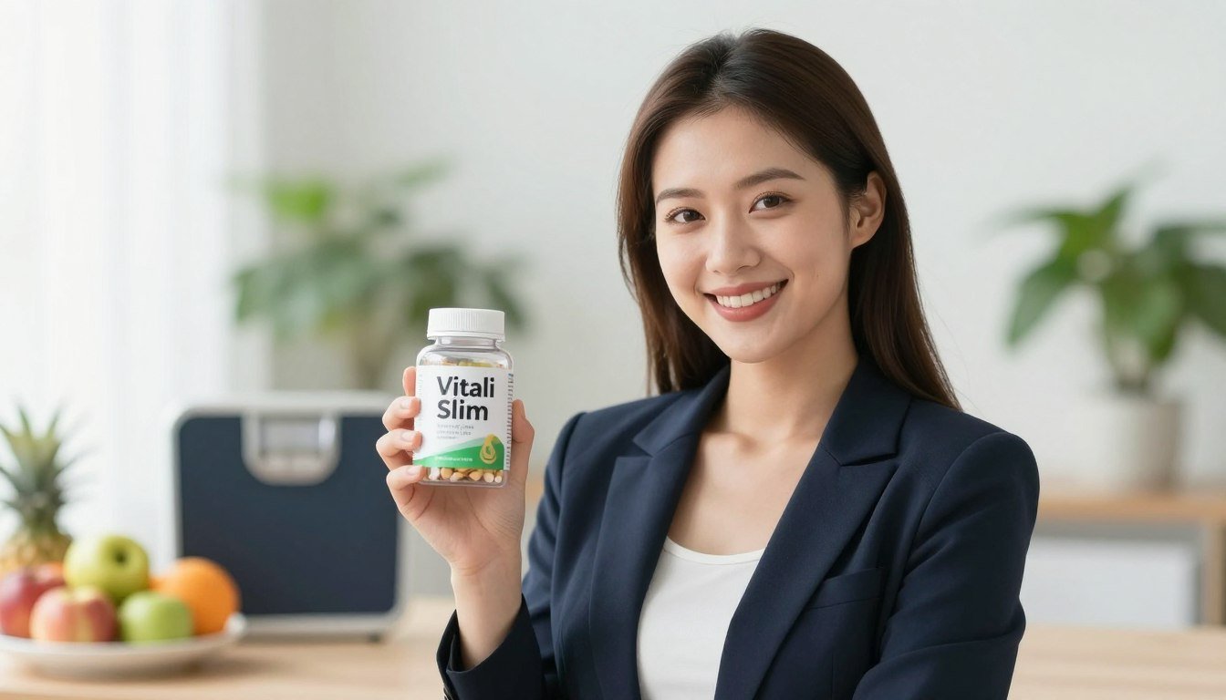 A high-quality image of a slim young woman in professional attire, smiling confidently while holding a clear container of Vitali Slim Weight Loss product. The woman stands in the foreground, with her shoulder-length hair styled neatly and a bright, inviting atmosphere surrounding her. In the middle ground, soft focus elements like health-related items, such as fresh fruits or weight scale, subtly complement the scene, hinting at wellness and vitality. The background is a light, airy space filled with greenery, indicating a fresh and natural lifestyle. The lighting is bright and cheerful, emanating a sense of positivity and health. The overall mood is uplifting and motivating, perfect for conveying the essence of Vitali Slim as a natural solution for weight loss. A high-quality image of a slim young woman in professional attire, smiling confidently while holding a clear container of Vitali Slim Weight Loss product. The woman stands in the foreground, with her shoulder-length hair styled neatly and a bright, inviting atmosphere surrounding her. In the middle ground, soft focus elements like health-related items, such as fresh fruits or weight scale, subtly complement the scene, hinting at wellness and vitality. The background is a light, airy space filled with greenery, indicating a fresh and natural lifestyle. The lighting is bright and cheerful, emanating a sense of positivity and health. The overall mood is uplifting and motivating, perfect for conveying the essence of Vitali Slim as a natural solution for weight loss.