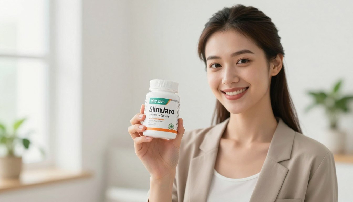 A high-quality photo of a slim young woman casually standing in a bright, airy setting, holding the SlimJaro supplement prominently in her hand. She is dressed in stylish, modest casual clothing that conveys professionalism and confidence. In the foreground, focus on her smiling face, showcasing a sense of empowerment and wellness. The middle ground includes the SlimJaro product with its label clearly visible, emphasizing its connection to weight loss. The background features soft, natural lighting that enhances the fresh atmosphere, with hints of greenery to suggest health and vitality. The overall mood is uplifting and inspirational, inviting the viewer to learn more about the SlimJaro weight loss formula.