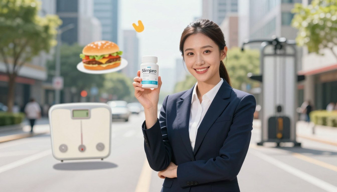 A high-quality photo of a slim young woman in professional attire, holding a SlimJaro product with a confident smile. In the foreground, she stands on a bright, sunlit street, showcasing the product prominently to convey a sense of optimism. In the middle ground, incorporate stylized illustrations of common weight loss challenges—like scales, fast food, and gym equipment—around her, subtly fading into the background. This background features a vibrant cityscape, symbolizing modern challenges in weight loss in 2025, with hints of greenery to represent health. The overall mood is empowering and motivational, with bright, cheerful lighting emphasizing hope and positivity. Focus on the clarity of the image, envisioned from a slight low angle to enhance the woman’s presence while keeping the background harmonious and engaging.