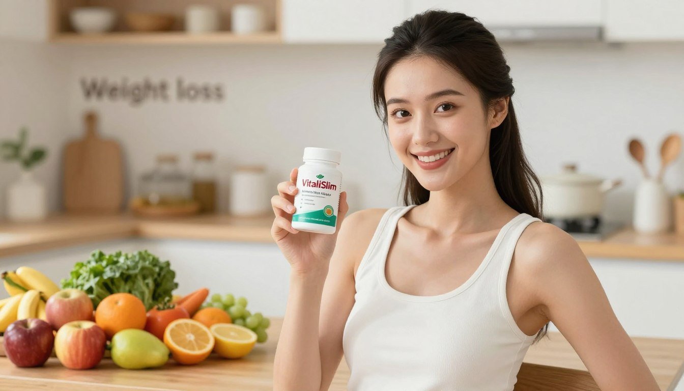 A high-quality photograph featuring a slim young woman in smart casual attire, confidently holding the VitaliSlim product in her hand. She is positioned in the foreground with a warm, inviting smile, conveying a sense of health and vitality. The middle ground showcases vibrant, fresh fruits and vegetables, symbolizing natural ingredients that support metabolism. The background features a softly blurred, bright kitchen setting, illuminated with natural light to create a cheerful and energetic atmosphere. The camera angle is slightly below eye level, giving the subject a powerful presence. The words "Weight loss" subtly integrated into the scene through tasteful decoration in the kitchen. The overall mood is uplifting and motivational, emphasizing a healthy lifestyle without extreme dieting. A high-quality photograph featuring a slim young woman in smart casual attire, confidently holding the VitaliSlim product in her hand. She is positioned in the foreground with a warm, inviting smile, conveying a sense of health and vitality. The middle ground showcases vibrant, fresh fruits and vegetables, symbolizing natural ingredients that support metabolism. The background features a softly blurred, bright kitchen setting, illuminated with natural light to create a cheerful and energetic atmosphere. The camera angle is slightly below eye level, giving the subject a powerful presence. The words "Weight loss" subtly integrated into the scene through tasteful decoration in the kitchen. The overall mood is uplifting and motivational, emphasizing a healthy lifestyle without extreme dieting.