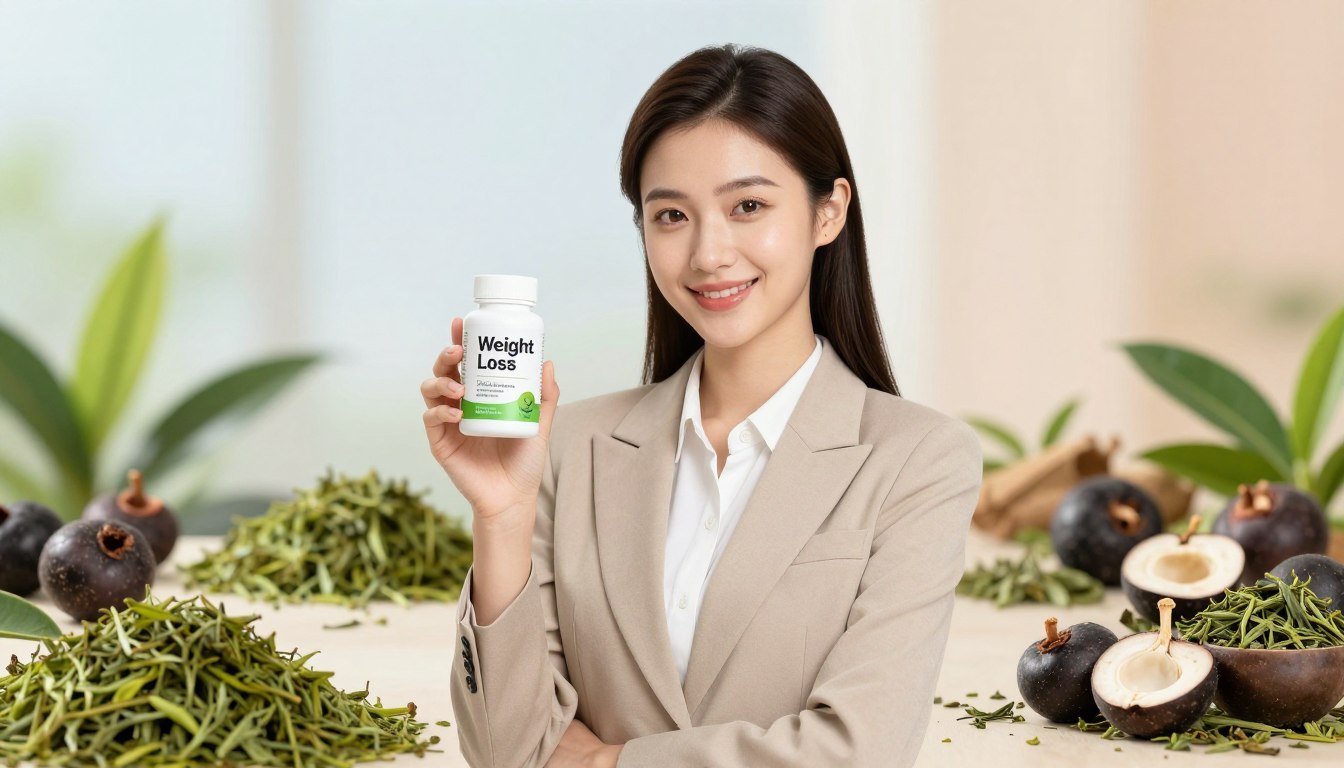 A high-quality photograph showcasing a slim young woman confidently holding the SlimJaro product, which clearly displays the brand name "Weight Loss." The woman is wearing professional business attire, exuding elegance and health. In the foreground, she is positioned slightly off-center, smiling warmly, creating an inviting connection with the audience. The middle ground features a bright, well-lit environment filled with vibrant natural ingredients such as green tea leaves, Garcinia Cambogia, and other herbal elements that are key to SlimJaro, arranged artistically around her. The background is a soft, soothing blur of pastel colors, enhancing the fresh and uplifting atmosphere. Soft, natural lighting illuminates her face and the product, capturing the essence of health and vitality.