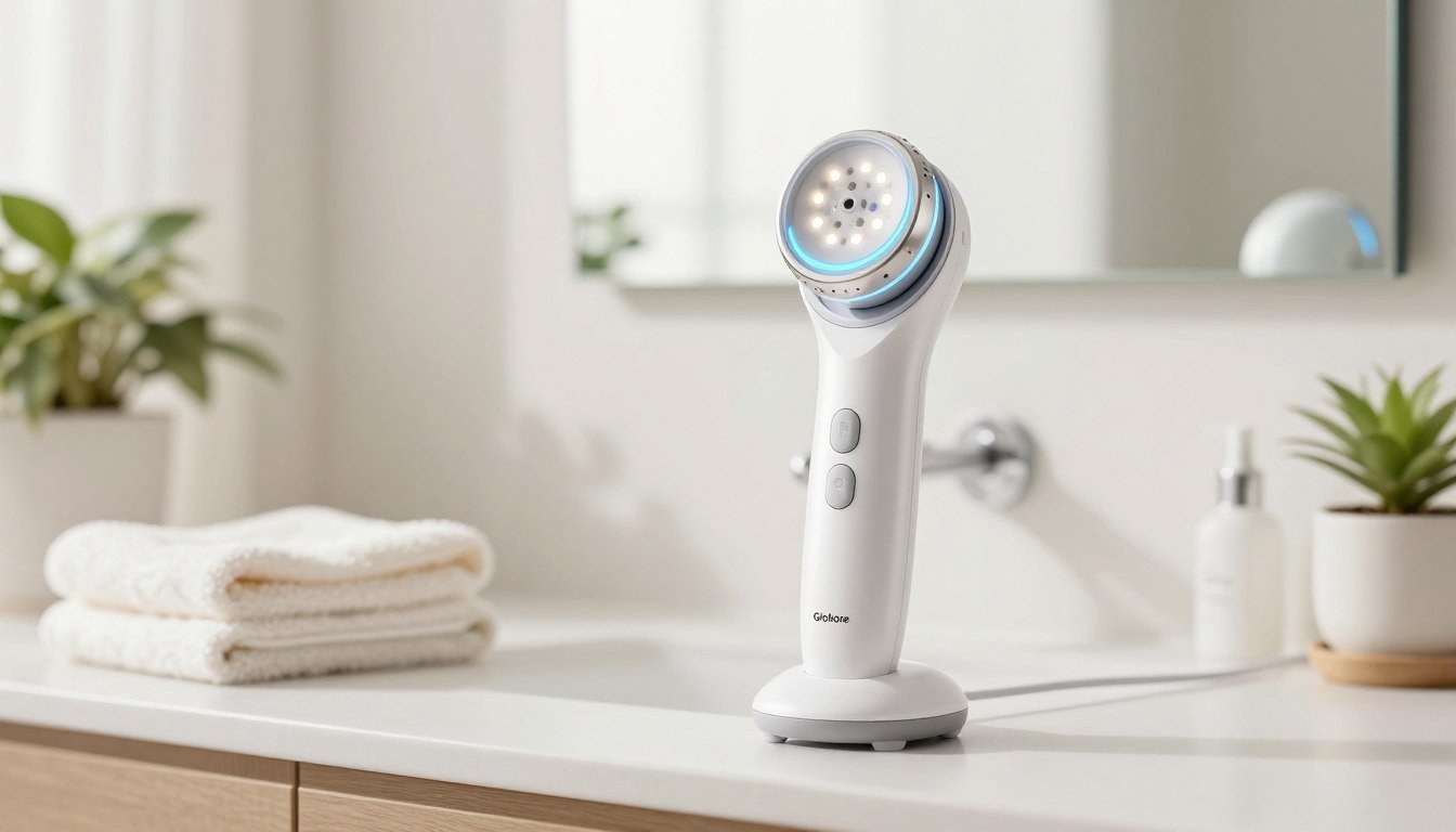 A high-quality, realistic image of the Glokore LED Skin Sculptor device, prominently displayed in a well-lit, modern home bathroom setting. The device should feature sleek, ergonomic design with glowing LED lights, showcasing its advanced technology. In the foreground, the sculptor should be positioned elegantly on a clean countertop, next to soft towels and a potted plant for a fresh feel. In the background, a large mirror reflects soft natural lighting, enhancing the tranquil atmosphere. The color palette should embody calmness, with soft whites and pastel accents. Capture the scene from a slight angle to emphasize the device's features while maintaining a professional ambiance, aiming for a clean and inviting aesthetic.