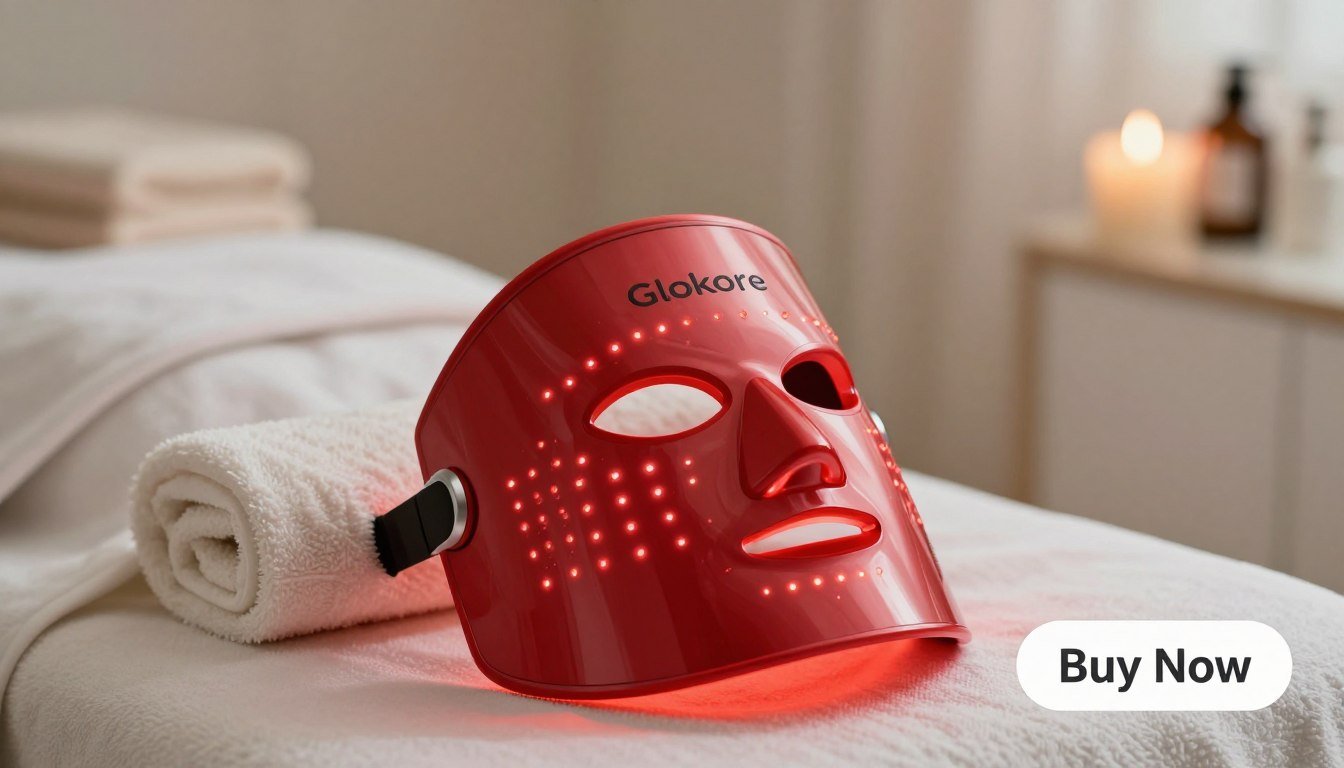 A high-quality, realistic photo of the Glokore LED Skin Sculptor, a sleek, modern red light therapy face tool, prominently displayed in the foreground. The tool features a smooth design with vibrant red LED lights emanating from its surface, emphasizing its innovative technology for reducing wrinkles and boosting collagen. In the middle, a soft-focus backdrop of a serene spa setting, with gentle lighting that highlights the tool's effectiveness in a calming atmosphere. The scene captures a feeling of tranquility and professionalism, evoking a sense of health and wellness. The image is well-lit with even lighting, taken from a slight angle to showcase the device’s features clearly. A subtle "Buy Now" button is included, blending seamlessly into the environment.