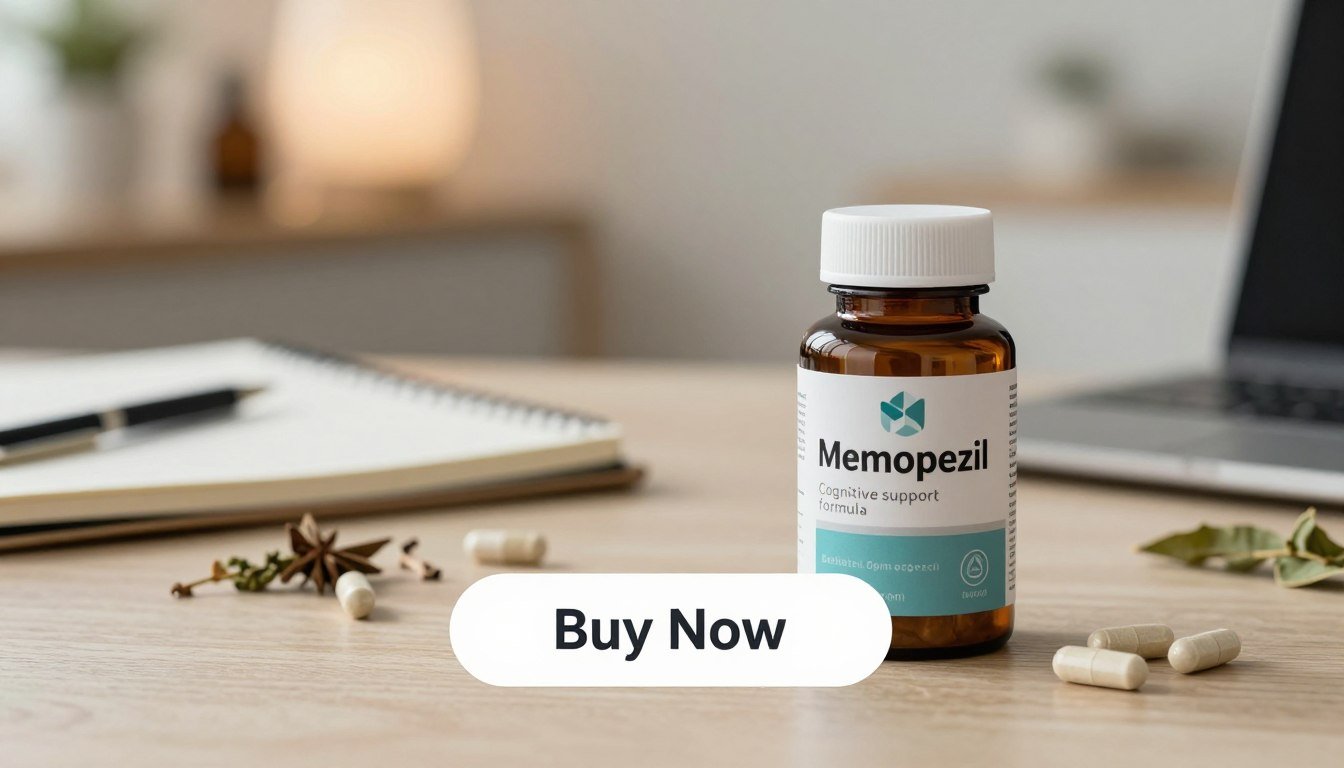 A professional and sleek product display of the Memopezil cognitive support formula. In the foreground, showcase an elegantly designed Memopezil bottle, featuring the brand name "Memopezil" prominently on the label. It should convey a sense of trust and efficacy. The middle layer should include elements like a lightly textured, subtle wood desk surface with scattered herbal supplements and a notebook, suggesting productivity and mental clarity. In the background, soft bokeh lights provide a warm, inviting atmosphere, hinting at a home office environment. Use soft, diffused lighting to highlight the bottle and ensure a clean, focused look. Add a clear, visible "Buy Now" CTA button overlay to enhance the image's call-to-action appeal. The overall mood should evoke feelings of motivation and mental sharpness for adults over 30.