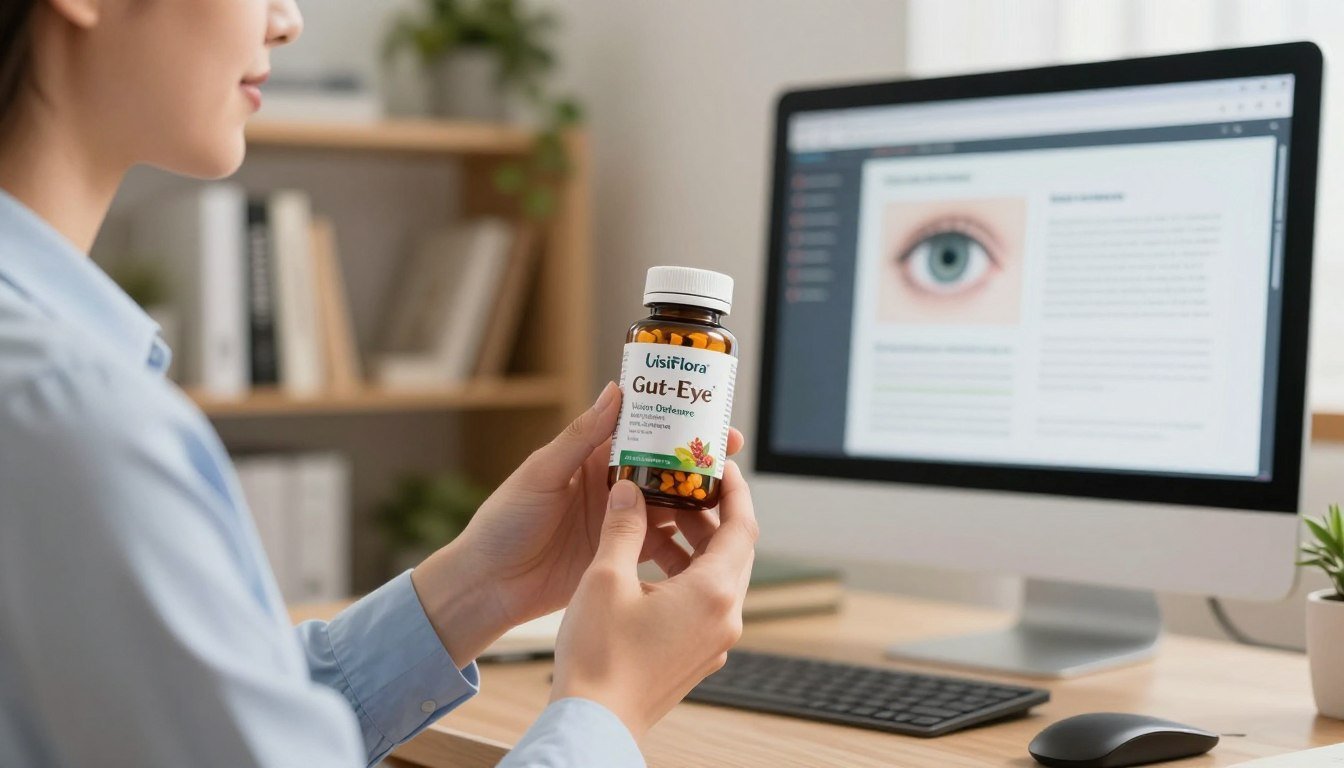A professional businessperson in a well-lit office setting, holding a VisiFlora bottle labeled "Gut-Eye", positioned in the foreground. The bottle features an elegant design with a clear view of its contents, showcasing vibrant natural ingredients that represent the "Vision Defense Matrix." In the middle ground, include a sleek workspace with a blurred computer monitor displaying a research study on eye health, enhancing the focus on the product. The background should depict soft-focus shelves filled with health-related books and green plants, creating a calm and inviting atmosphere. Use warm, natural lighting to evoke a sense of trust and professionalism, capturing the essence of health and wellness. Aim for a slightly elevated angle to provide a dynamic view of the user and the product while ensuring clarity.