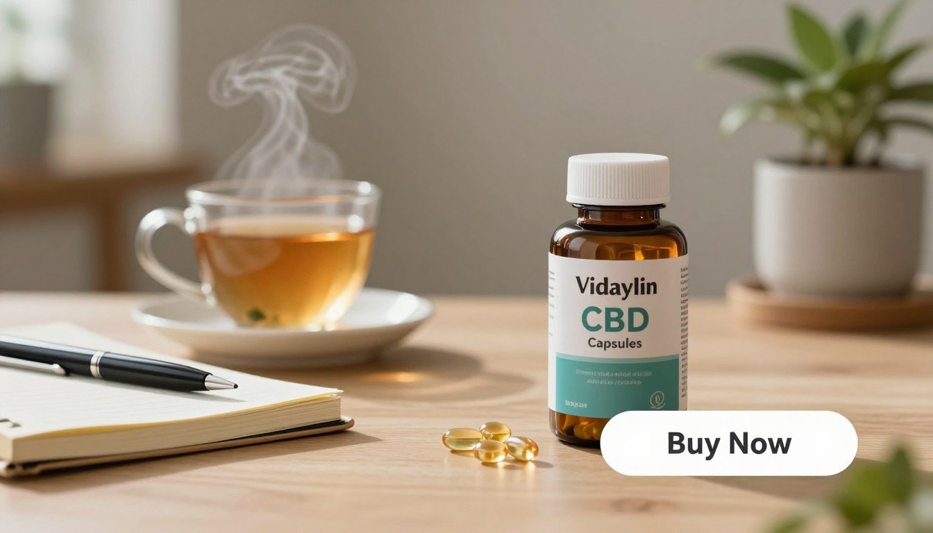 A serene, inviting workspace setting with a well-organized desk featuring a bottle of "Vidaylin CBD Capsules" prominently displayed. The foreground showcases the bottle of capsules with a soft-focus effect, reflecting warm lighting that conveys a sense of calm. In the middle ground, there are elements of relaxation: a steaming cup of herbal tea and a journal with a pen resting on the desk, hinting at mindfulness. The background is softly blurred, depicting a cozy room with plants and soft, ambient lighting to enhance the peaceful atmosphere. Include a clear, visible long button labeled “Buy Now” positioned strategically near the bottle, ensuring the overall mood is tranquil and inviting, perfect for conveying the benefits of CBD for stress, sleep, and joint comfort.