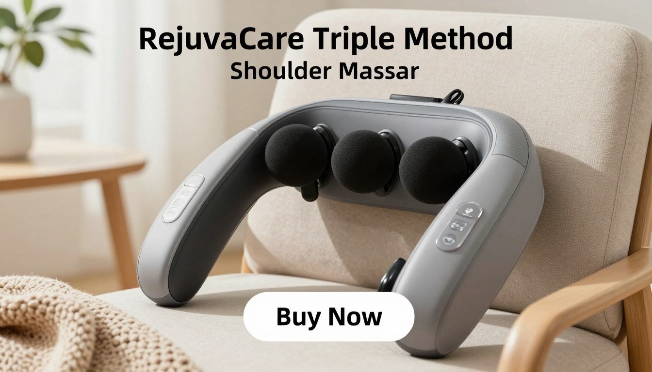 A sleek and modern RejuvaCare Triple Method Shoulder Massager is centrally featured, showcasing its ergonomic design and unique three-massage techniques. The massager's surface is textured, with prominent controls on the side, illuminated softly by natural light that creates a serene atmosphere. The surrounding foreground hints at a relaxed living space, with a comfortable chair and a warm blanket, inviting viewers to envision instant relief from chronic pain. In the background, a subtle hint of greenery can be seen through a window, enhancing the peaceful vibe. The massager is highlighted by a focused lens, ensuring clarity and detail. A visible "Buy Now" button overlay complements the visualization while maintaining professionalism, ensuring no text overlays distract from the product focus. A sleek and modern RejuvaCare Triple Method Shoulder Massager is centrally featured, showcasing its ergonomic design and unique three-massage techniques. The massager's surface is textured, with prominent controls on the side, illuminated softly by natural light that creates a serene atmosphere. The surrounding foreground hints at a relaxed living space, with a comfortable chair and a warm blanket, inviting viewers to envision instant relief from chronic pain. In the background, a subtle hint of greenery can be seen through a window, enhancing the peaceful vibe. The massager is highlighted by a focused lens, ensuring clarity and detail. A visible "Buy Now" button overlay complements the visualization while maintaining professionalism, ensuring no text overlays distract from the product focus.