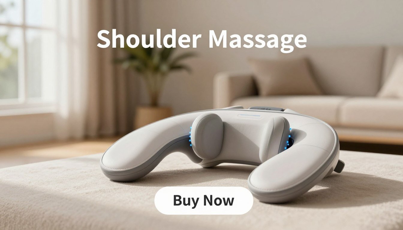 A sleek and modern "Shoulder Massager" device resting on a soft, plush surface, showcasing its ergonomic design and comfortable padding. The foreground features the massager with gentle blue lights indicating its heat function, emphasizing its therapeutic potential. In the middle background, a serene living room setting exudes relaxation, with soft natural light streaming in through a nearby window, casting warm tones across the scene. A subtly blurred plant adds a touch of nature, enhancing the atmosphere of calmness and rejuvenation. The overall mood is soothing, inviting viewers to envision instant relief from chronic pain. Include a distinct “Buy Now” button overlay to prompt engagement with the product. A sleek and modern "Shoulder Massager" device resting on a soft, plush surface, showcasing its ergonomic design and comfortable padding. The foreground features the massager with gentle blue lights indicating its heat function, emphasizing its therapeutic potential. In the middle background, a serene living room setting exudes relaxation, with soft natural light streaming in through a nearby window, casting warm tones across the scene. A subtly blurred plant adds a touch of nature, enhancing the atmosphere of calmness and rejuvenation. The overall mood is soothing, inviting viewers to envision instant relief from chronic pain. Include a distinct “Buy Now” button overlay to prompt engagement with the product.