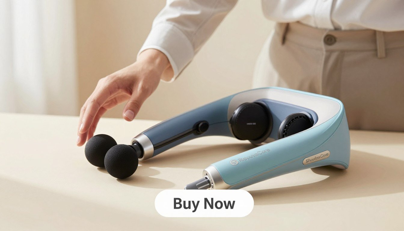 A sleek, modern RejuvaCare Triple Method Shoulder Massager on a soft, neutral-toned background, highlighting its ergonomic design and vibrant color scheme. In the foreground, the massager is elegantly displayed, showing its unique features, such as three distinct massage heads and adjustable settings. The middle ground reveals a hand gently reaching towards the device, dressed in professional business attire, demonstrating its accessibility and ease of use. The background is softly blurred to emphasize the product, with warm, natural light illuminating the scene, creating a calming atmosphere. The composition maintains a sense of clean professionalism, conveying quality and comfort. Include a prominent “Buy Now” button overlay in the bottom center of the image. Ensure the brand name “Shoulder Massager” is subtly integrated into the design elements without being intrusive. A sleek, modern RejuvaCare Triple Method Shoulder Massager on a soft, neutral-toned background, highlighting its ergonomic design and vibrant color scheme. In the foreground, the massager is elegantly displayed, showing its unique features, such as three distinct massage heads and adjustable settings. The middle ground reveals a hand gently reaching towards the device, dressed in professional business attire, demonstrating its accessibility and ease of use. The background is softly blurred to emphasize the product, with warm, natural light illuminating the scene, creating a calming atmosphere. The composition maintains a sense of clean professionalism, conveying quality and comfort. Include a prominent “Buy Now” button overlay in the bottom center of the image. Ensure the brand name “Shoulder Massager” is subtly integrated into the design elements without being intrusive.