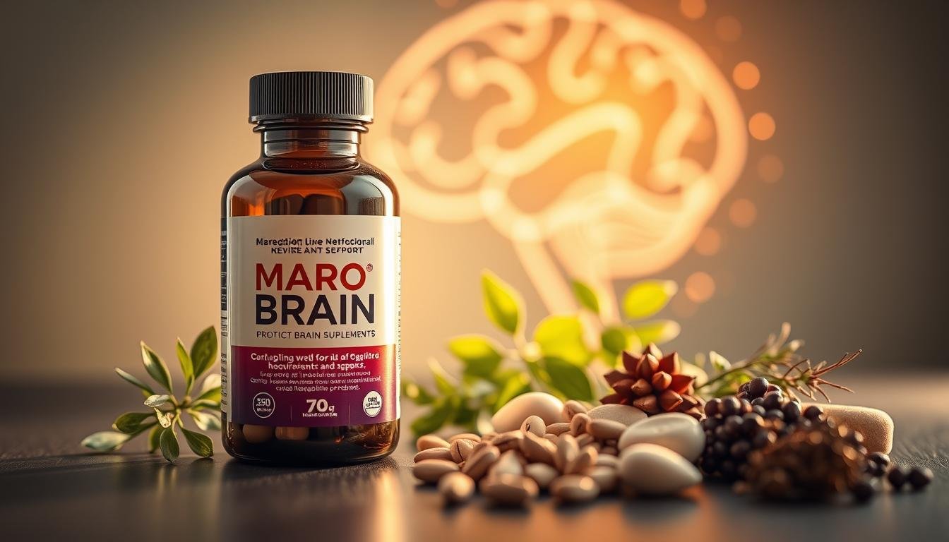 A sleek, modern product display of MaroBrain Brain Supplements, prominently featuring the product bottle in the foreground with a glossy finish. Surround the bottle with glowing light to suggest energy and enhancement, and include subtle brain imagery in the background, representing cognitive health and support. Soft, diffused lighting enhances the focus on the product while casting gentle shadows that create depth. The middle ground features herbs and natural ingredients associated with brain health, artfully arranged to evoke a sense of nature and wellness. The atmosphere is uplifting and inspiring, aiming to evoke curiosity and positivity about cognitive enhancement. The composition should be photographed at eye level, using a shallow depth of field to create an inviting and alluring visual experience.